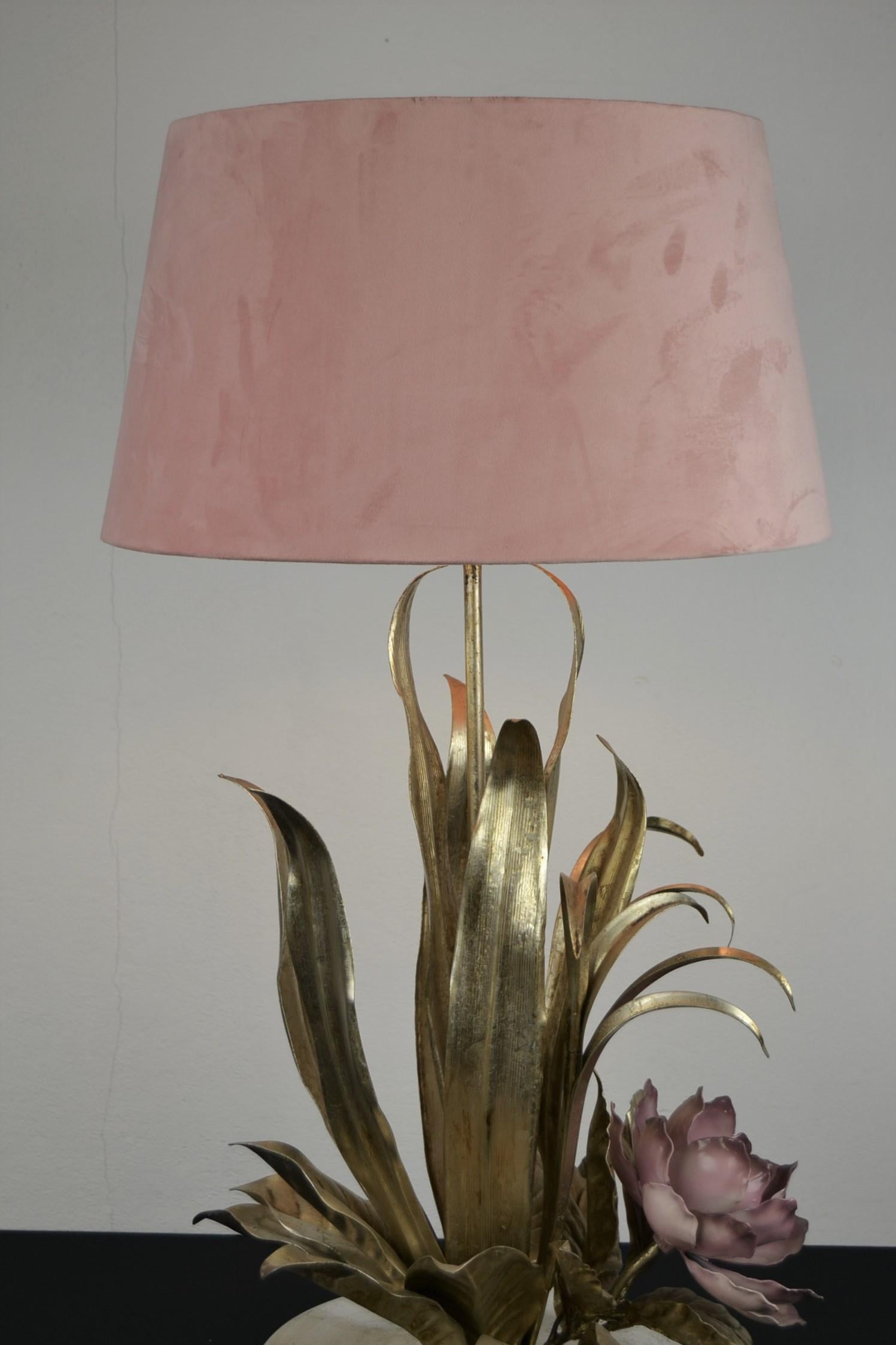 20th Century Metal Flower Table Lamp, Pink Flower and Gold Leaves