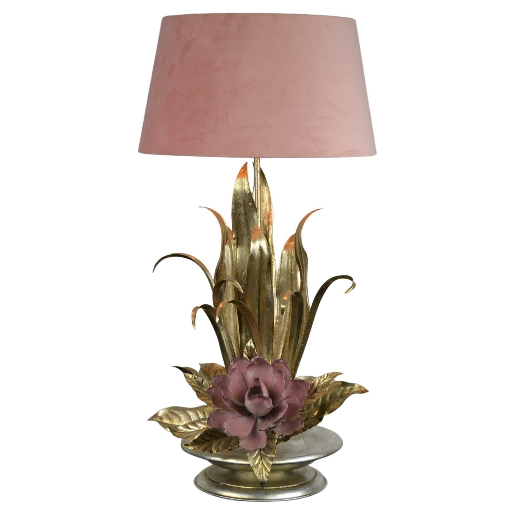 Metal Flower Table Lamp, Pink Flower and Gold Leaves