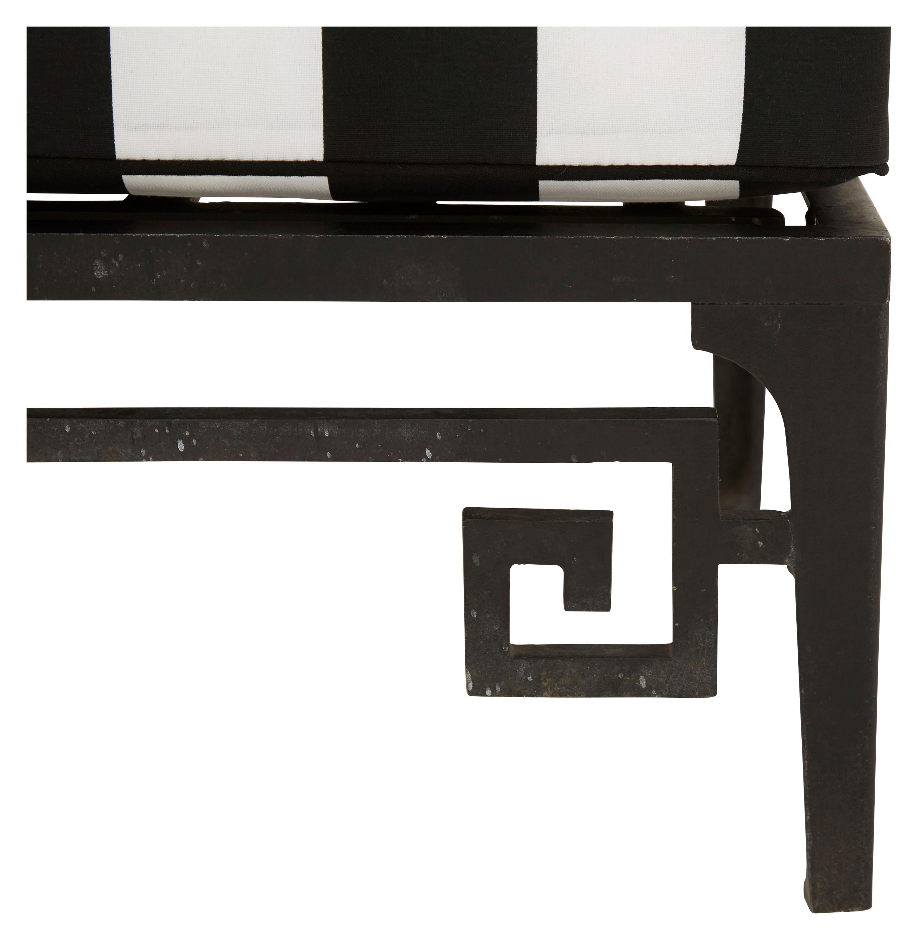 Mid-Century Modern Metal Frame Greek Key Outdoor Patio Sofa with Black and White Stripe Cushions