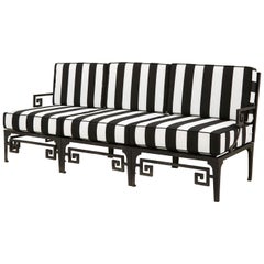 Metal Frame Greek Key Outdoor Patio Sofa with Black and White Stripe Cushions