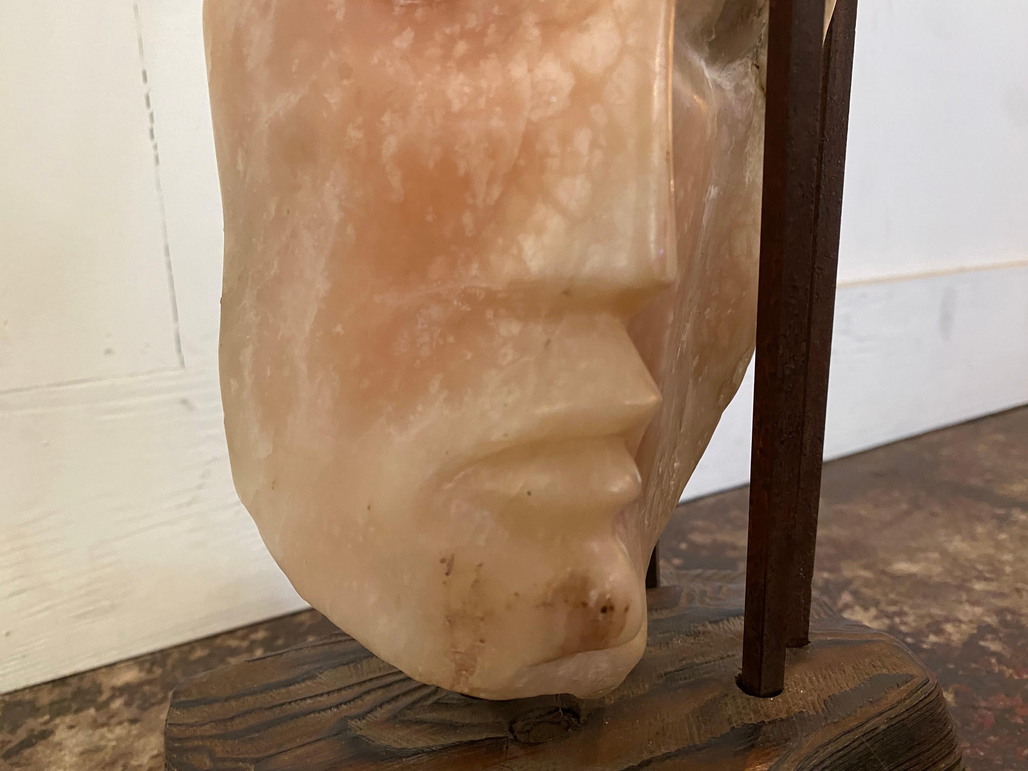 Mid-Century Modern Metal Framed Alabaster Face Sculpture on Wood Base by Leon Saulter For Sale