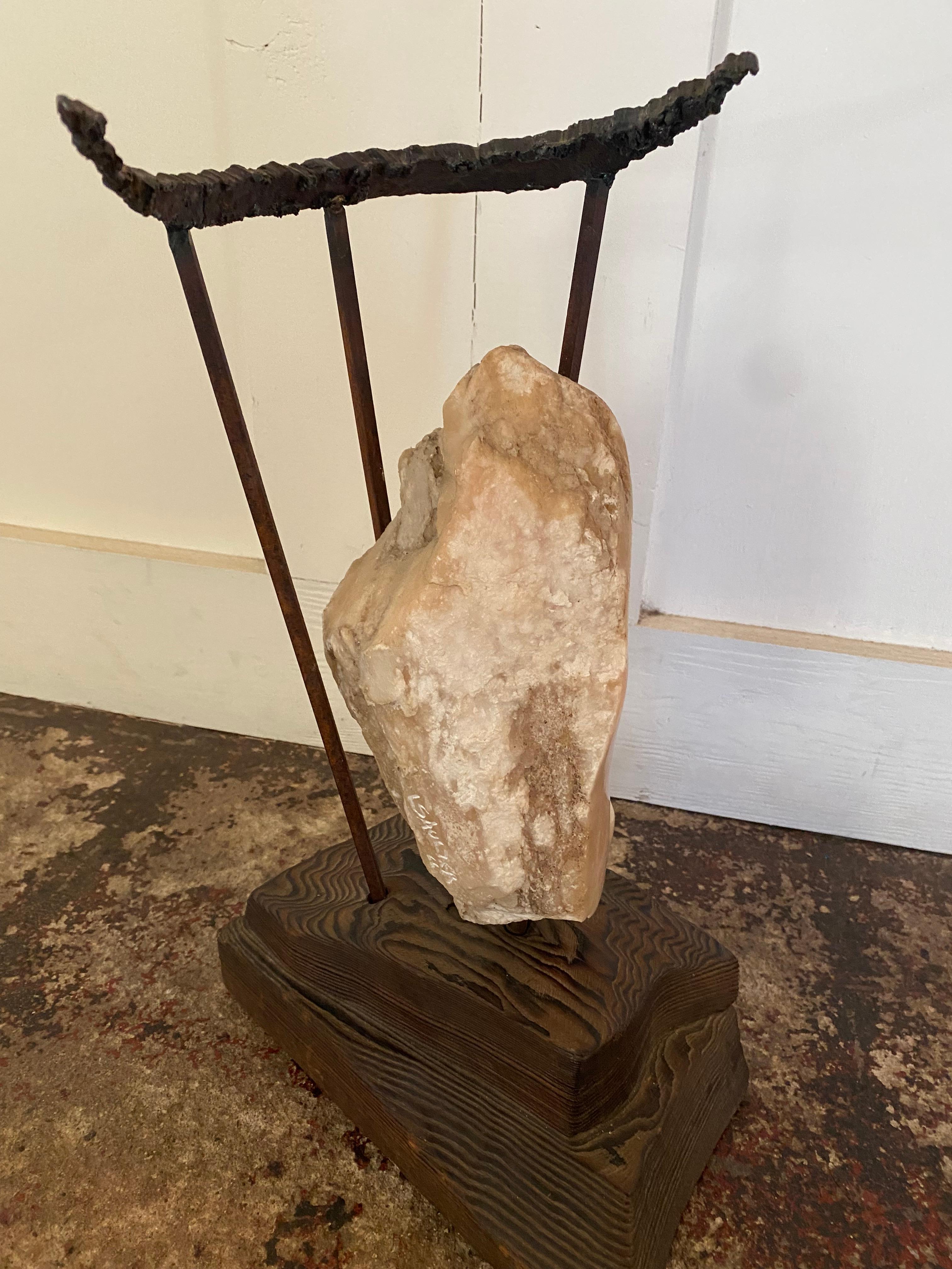 Polish Metal Framed Alabaster Face Sculpture on Wood Base by Leon Saulter For Sale