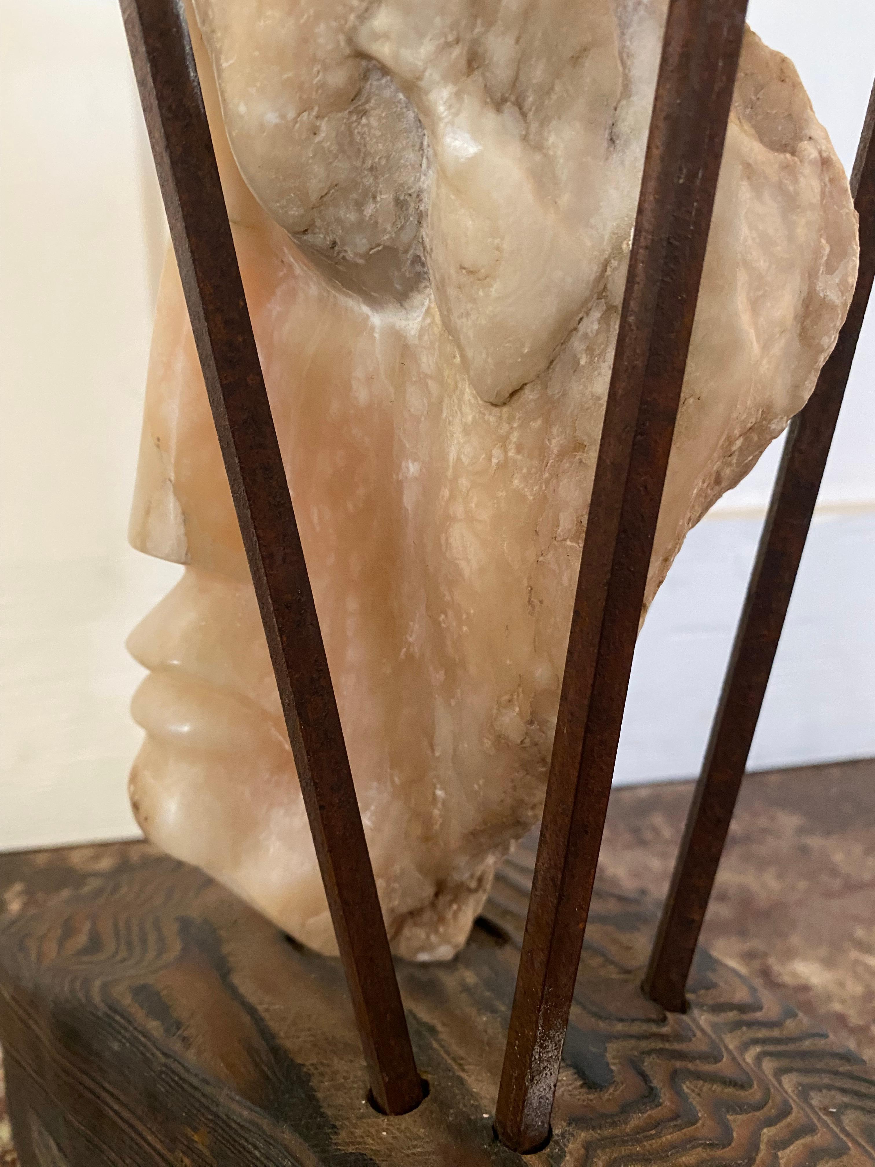 Metal Framed Alabaster Face Sculpture on Wood Base by Leon Saulter In Good Condition For Sale In Pasadena, CA