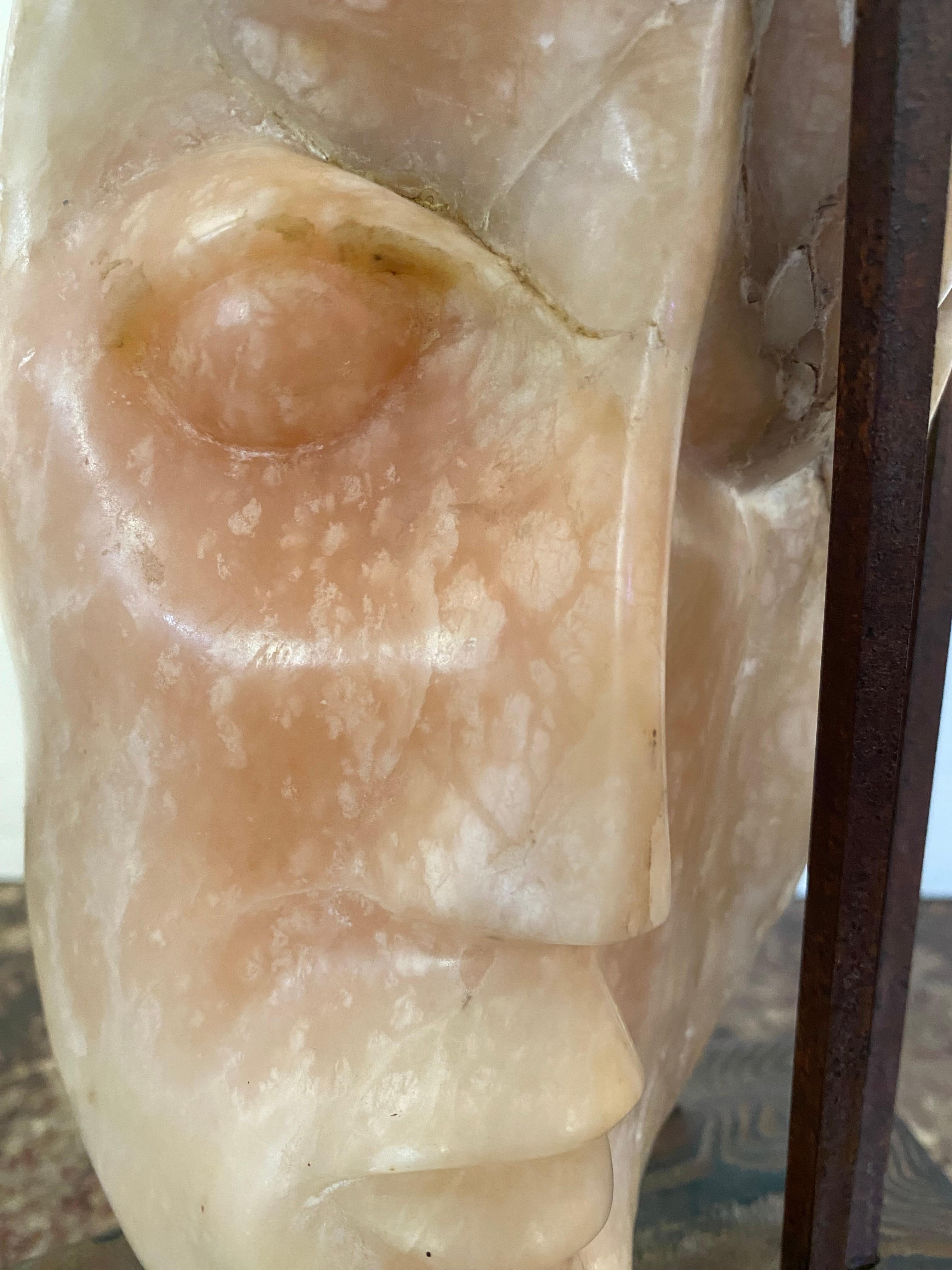 Mid-20th Century Metal Framed Alabaster Face Sculpture on Wood Base by Leon Saulter For Sale