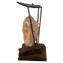 Metal Framed Alabaster Face Sculpture on Wood Base by Leon Saulter