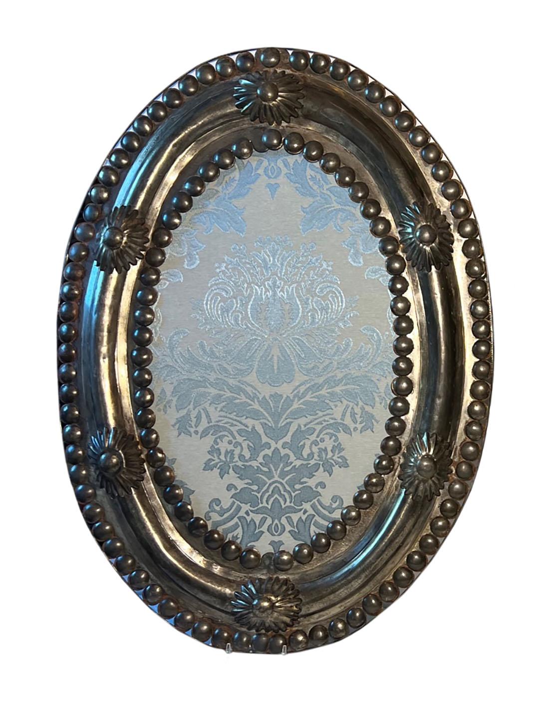 English Metal Framed Blue Damask Hanging Wall Ornaments For Sale