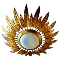 Metal gilt gold with original curve Frosted Glass Flush Mount , 1950s Vintage Metal gilt gold with original curve Frosted Glass Flush Mount , 1950s