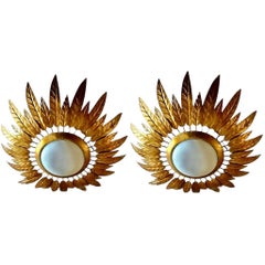 Metal gilt gold with original curve Frosted Glass Flush Mount , 1950s Vintage Metal gilt gold with original curve Frosted Glass Flush Mount , 1950s