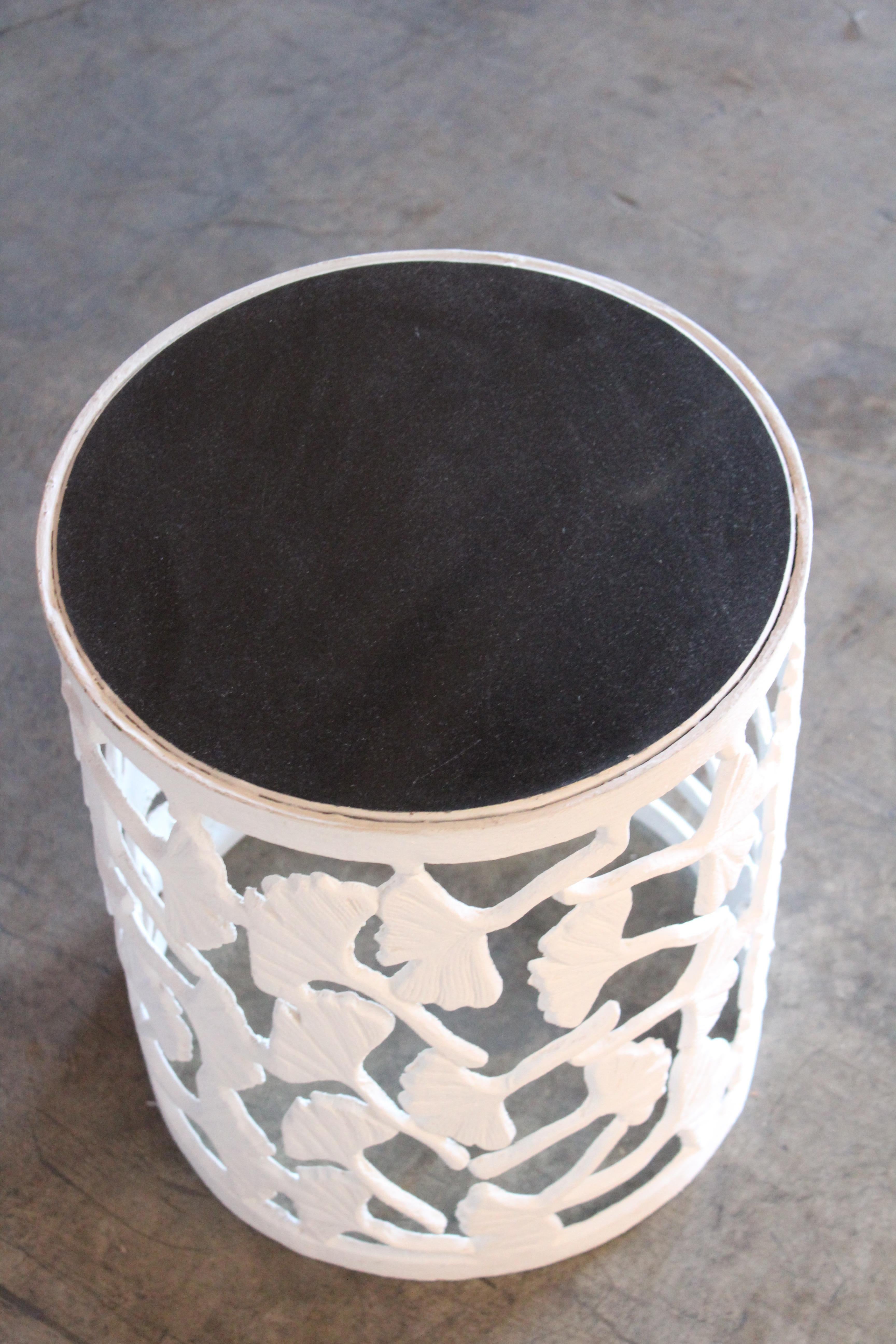 Contemporary Metal Ginko Side Table in Gesso Finish with Granite Top