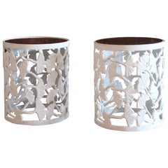 Metal Ginko Side Table in Gesso Finish with Granite Top