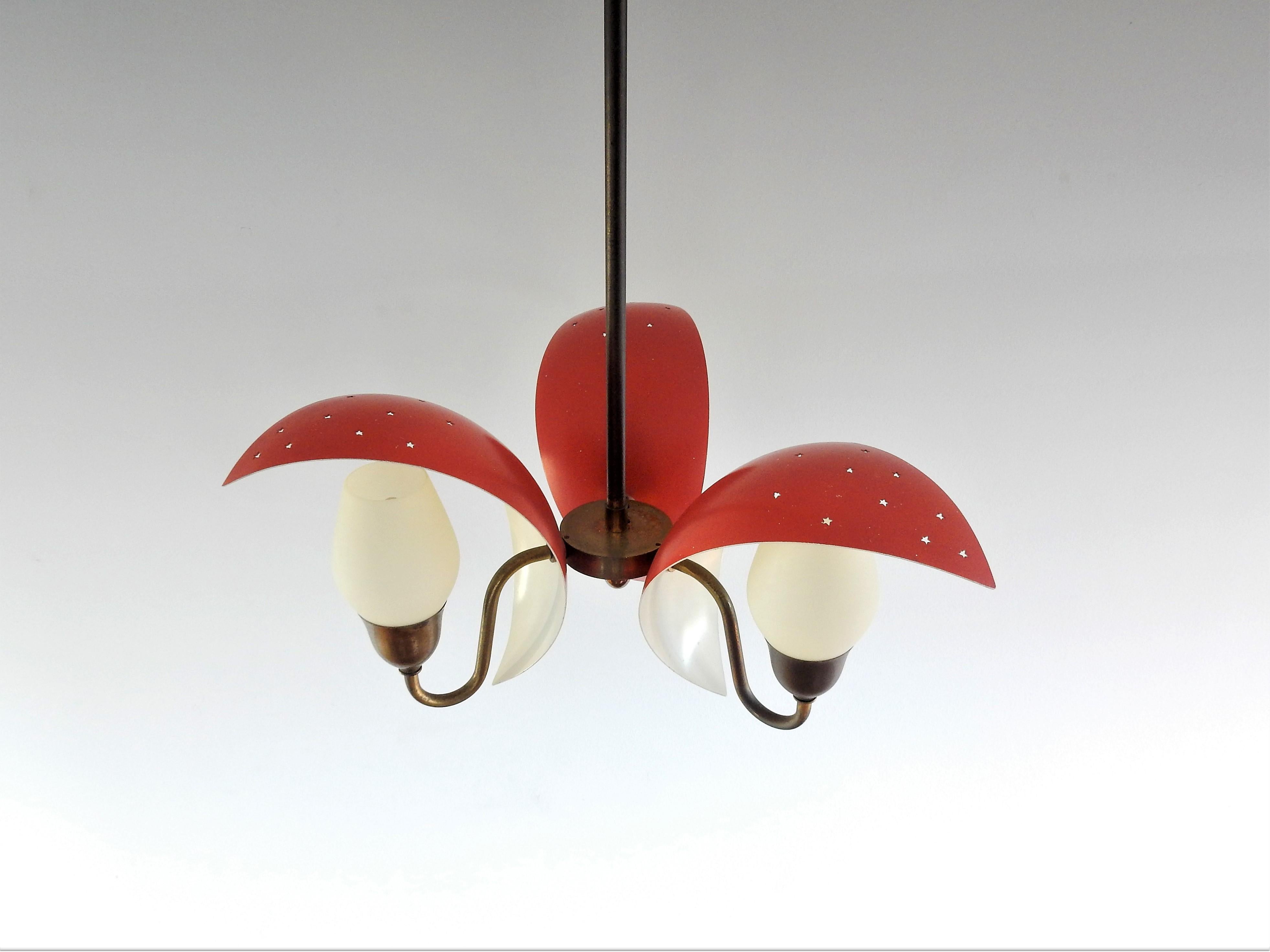 Mid-Century Modern Metal, Glass and Brass Chandelier by Bent Karlby for Fog & Mørup, Denmark, 1950s For Sale