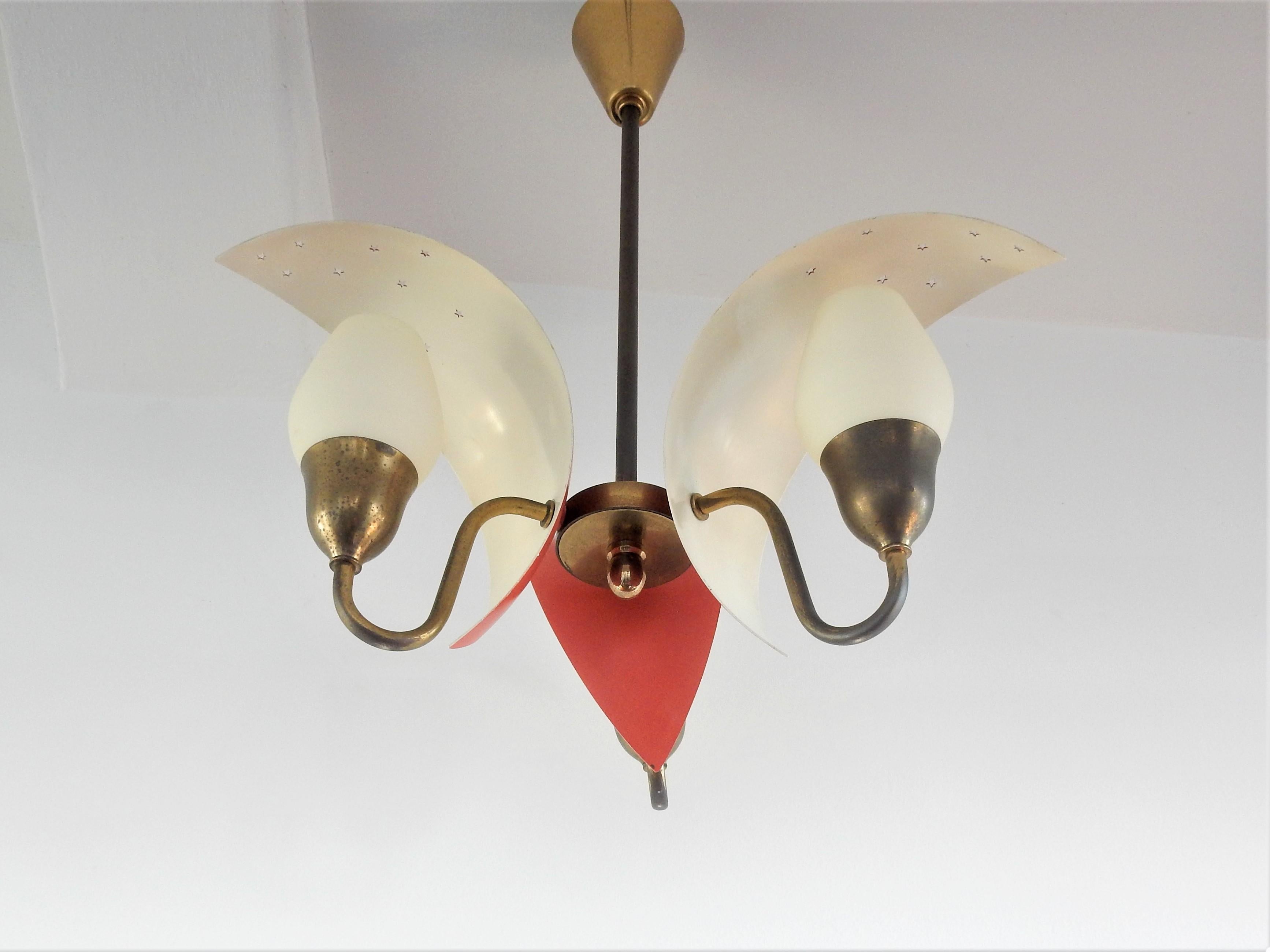 Danish Metal, Glass and Brass Chandelier by Bent Karlby for Fog & Mørup, Denmark, 1950s For Sale