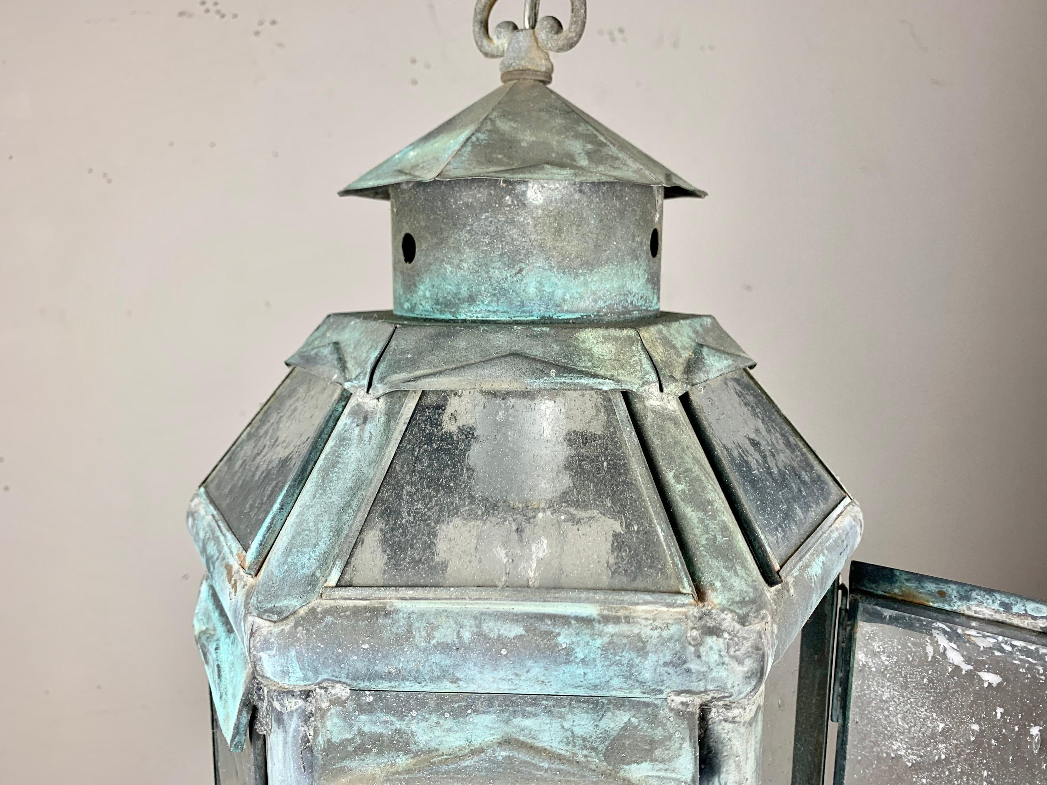 Rustic Metal & Glass Hanging Lantern C. 1900