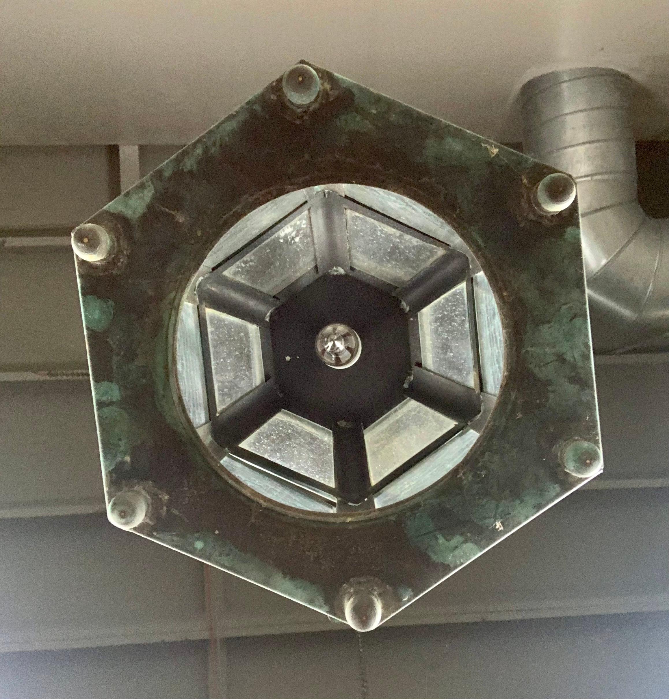 Metal & Glass Hanging Lantern C. 1900 In Distressed Condition In Los Angeles, CA