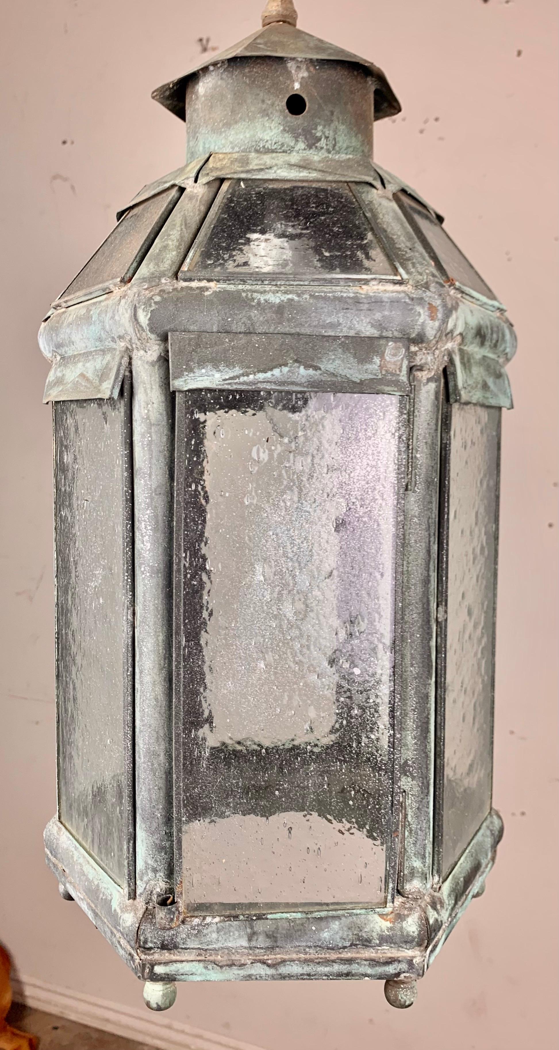 Metal & Glass Hanging Lantern C. 1900 1