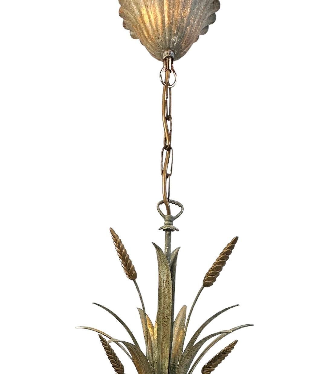 Metal & Glass Shade Wheat Sheaf Chandelier Tole Toleware Coco Chanel Style For Sale 9