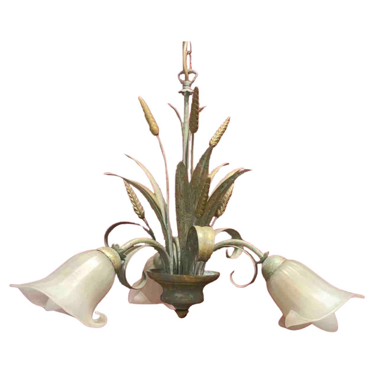 Hollywood Regency Metal & Glass Shade Wheat Sheaf Chandelier Tole Toleware Coco Chanel Style For Sale