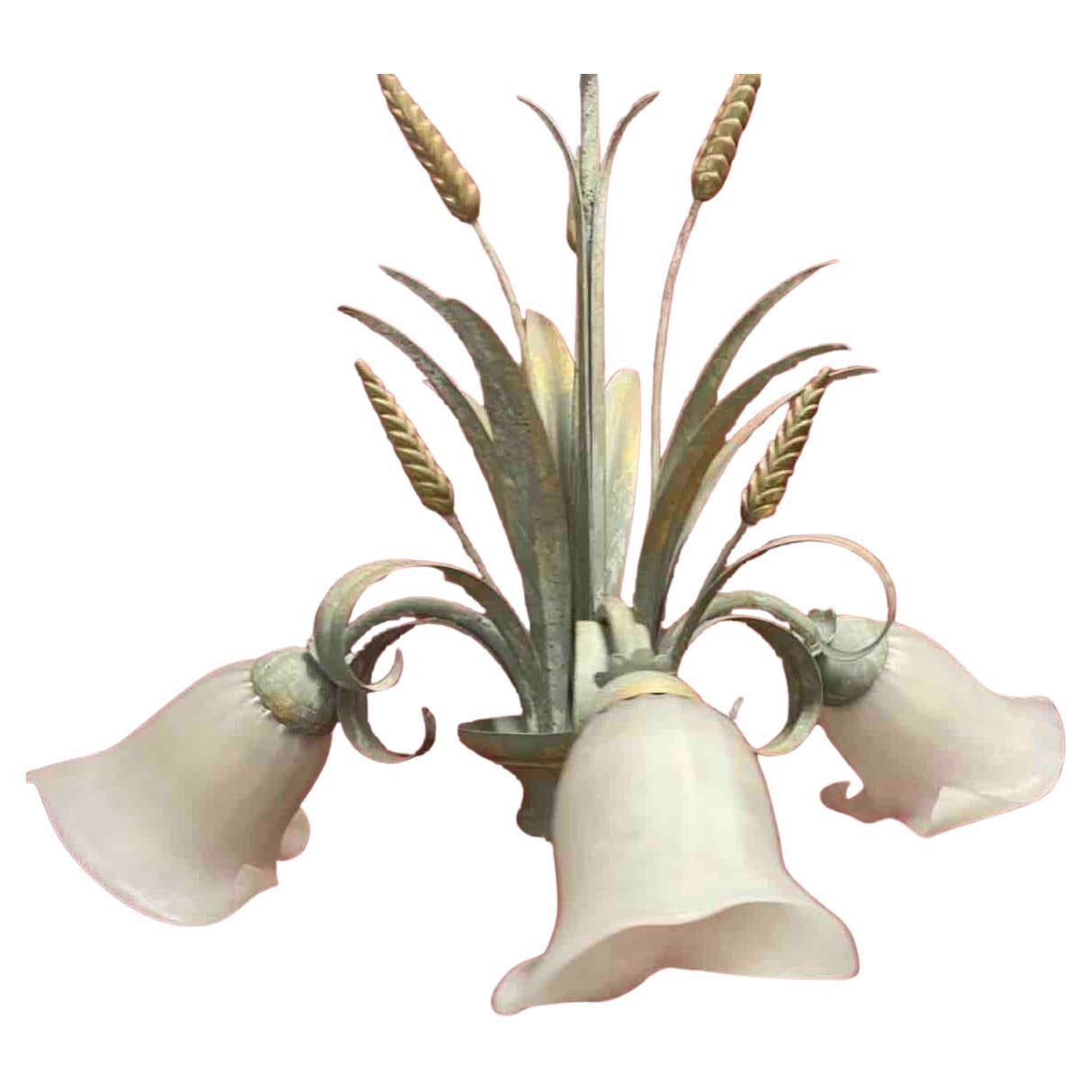 Italian Metal & Glass Shade Wheat Sheaf Chandelier Tole Toleware Coco Chanel Style For Sale
