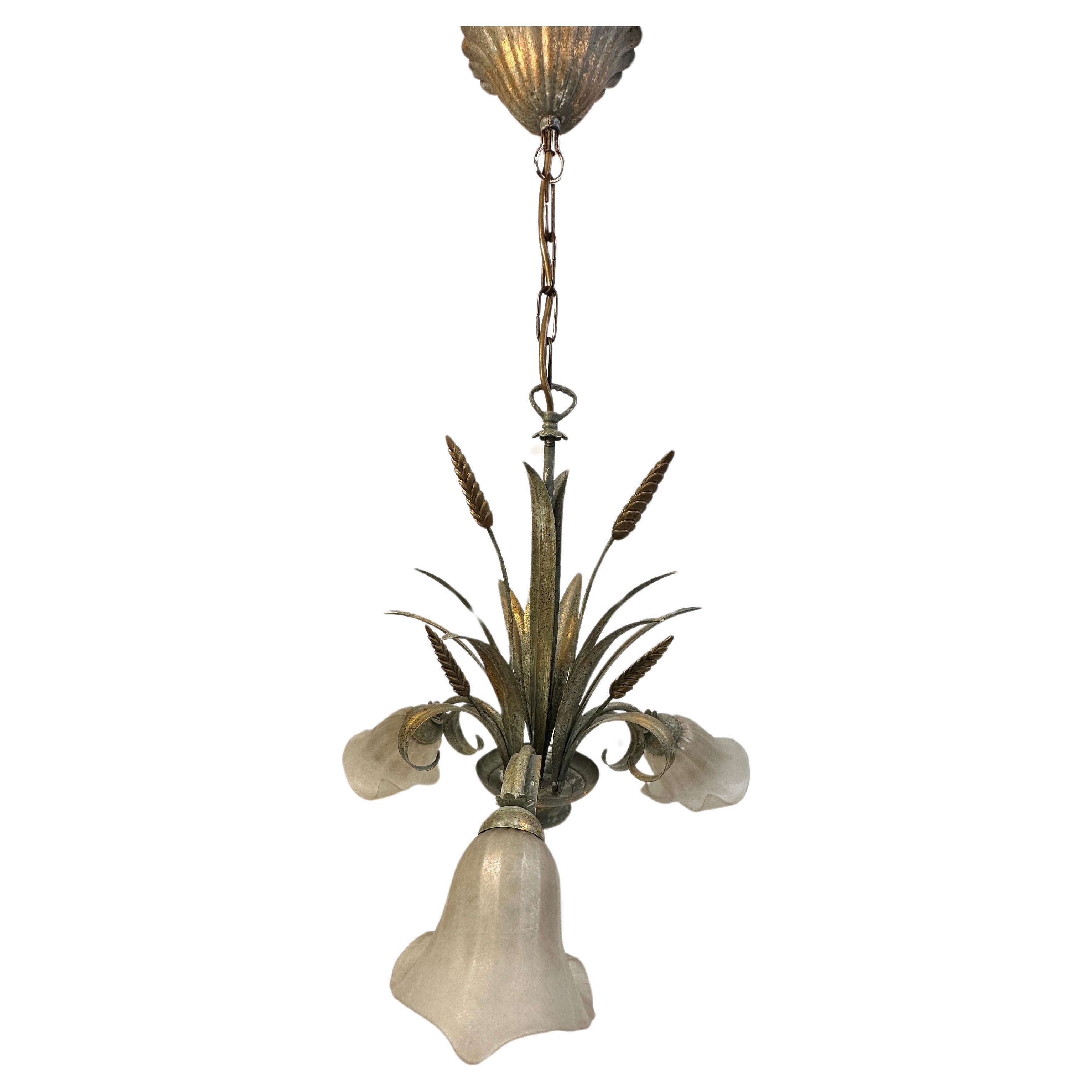 Mid-20th Century Metal & Glass Shade Wheat Sheaf Chandelier Tole Toleware Coco Chanel Style For Sale