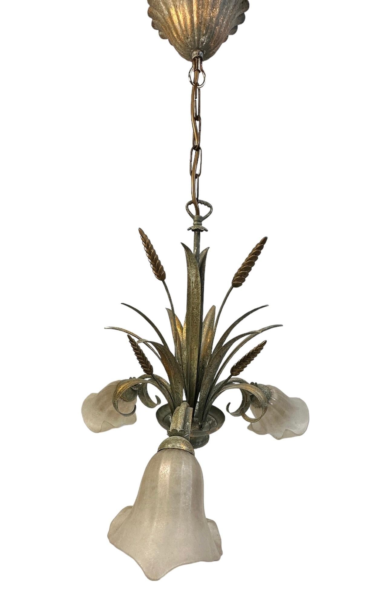 Metal & Glass Shade Wheat Sheaf Chandelier Tole Toleware Coco Chanel Style For Sale 1