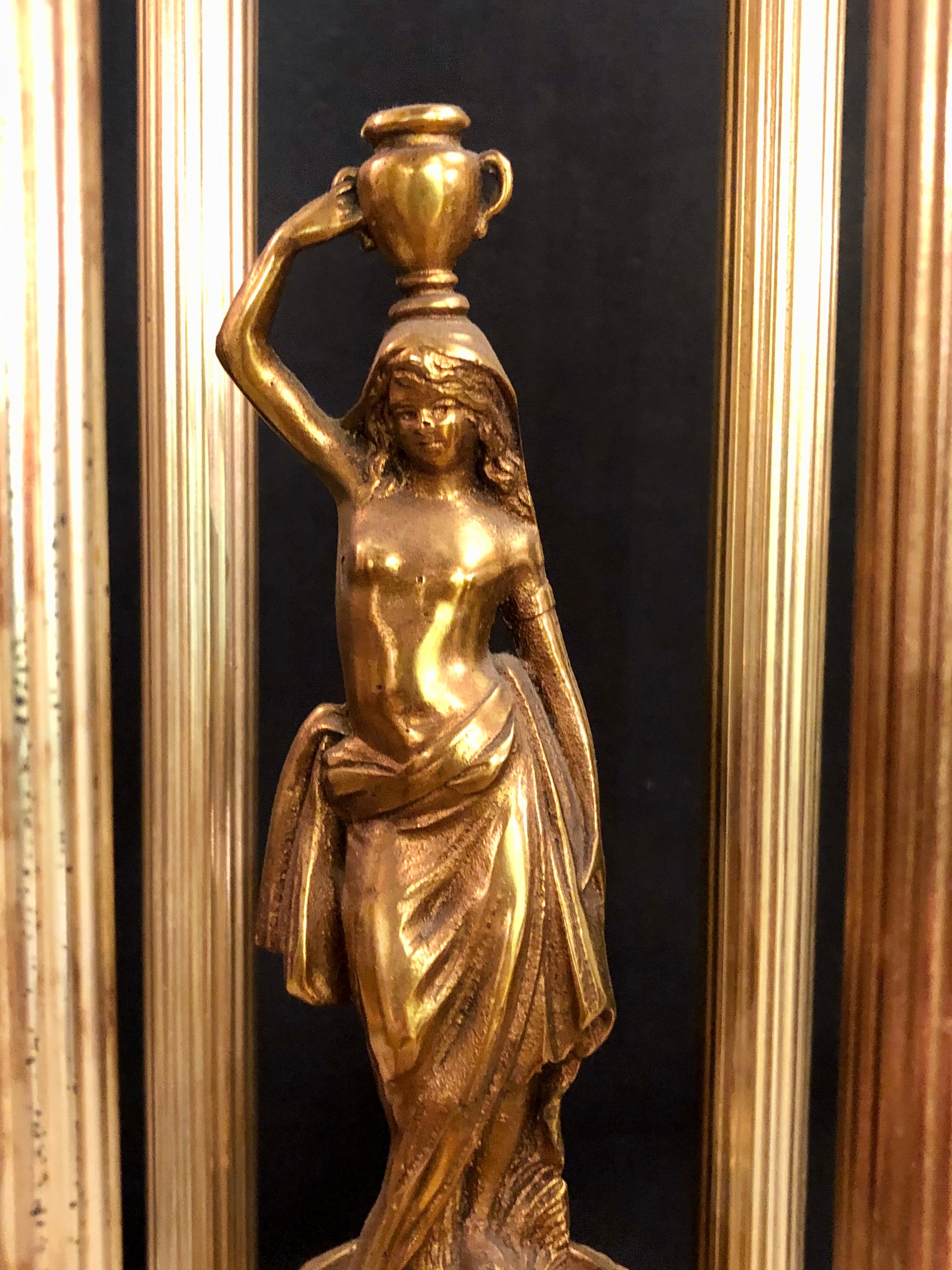 Brass Metal Grecian Inspired Table Lamps Having Columns and Figures Compatible, Pair