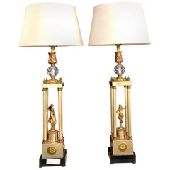 Metal Grecian Inspired Table Lamps Having Columns and Figures Compatible, Pair
