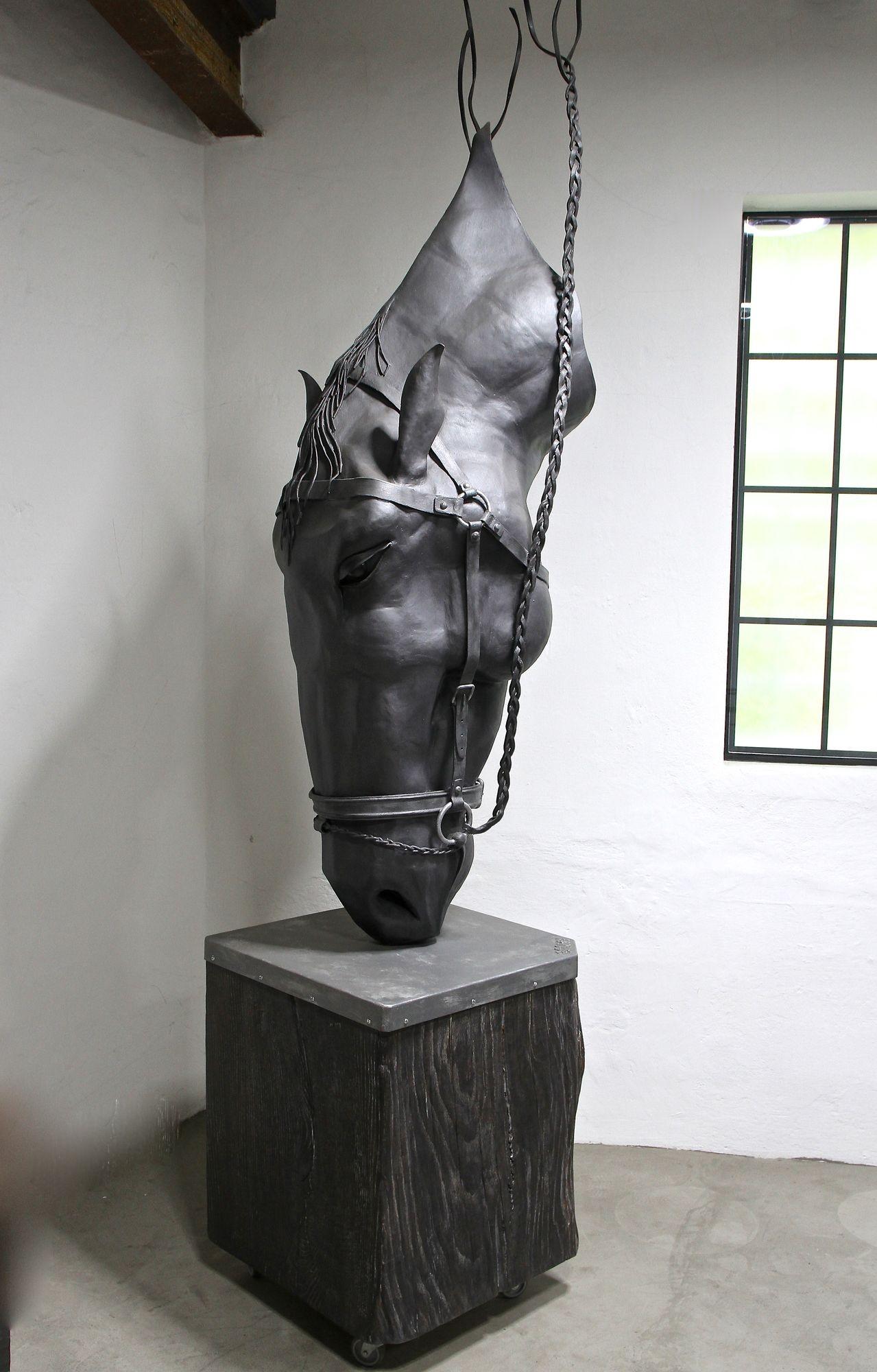Metal Horse Head Sculpture by G. Fössl, Hand Forged on Charred Oak Base, 2017 For Sale 3