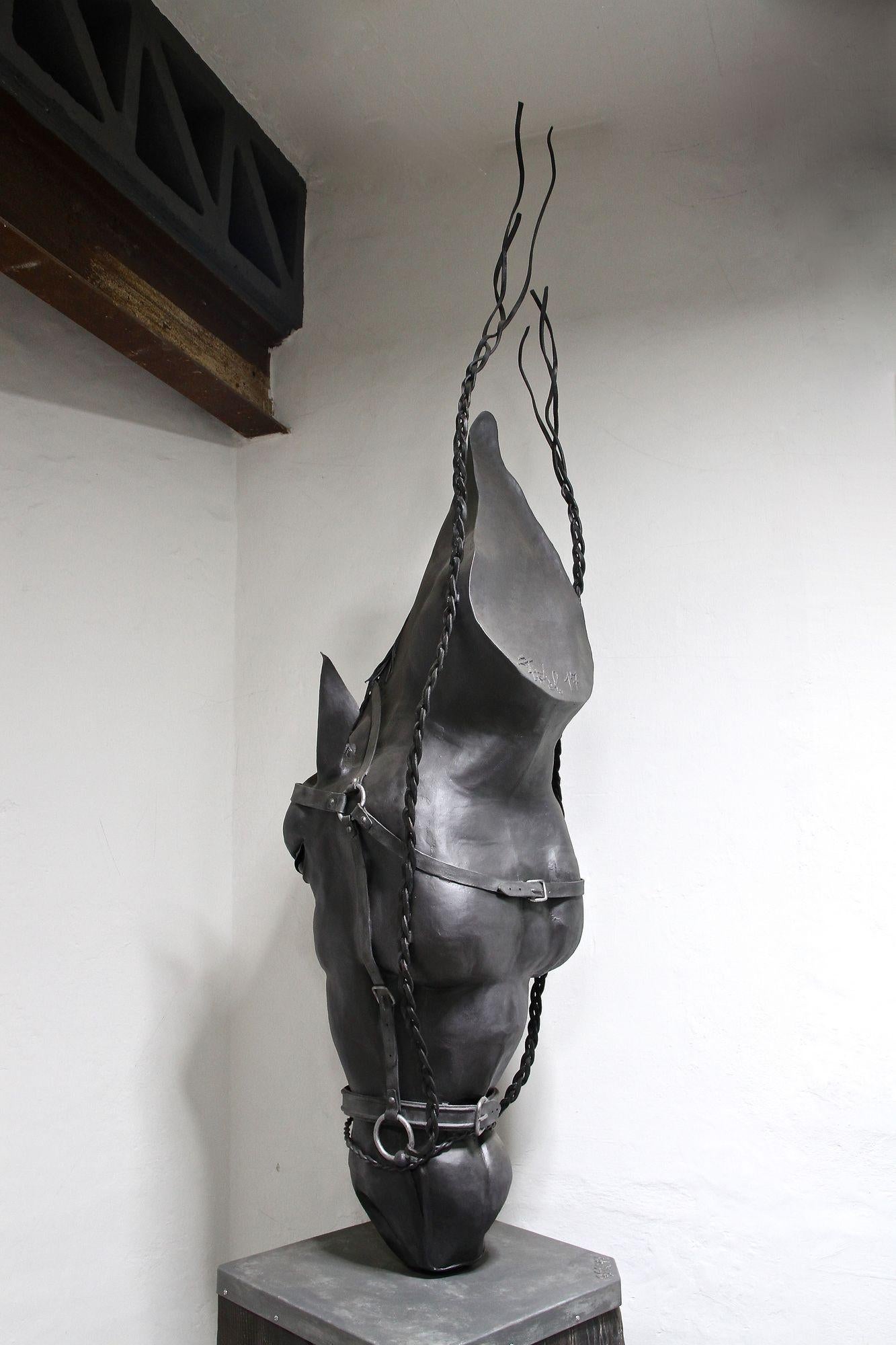 Metal Horse Head Sculpture by G. Fössl, Hand Forged on Charred Oak Base, 2017 For Sale 5