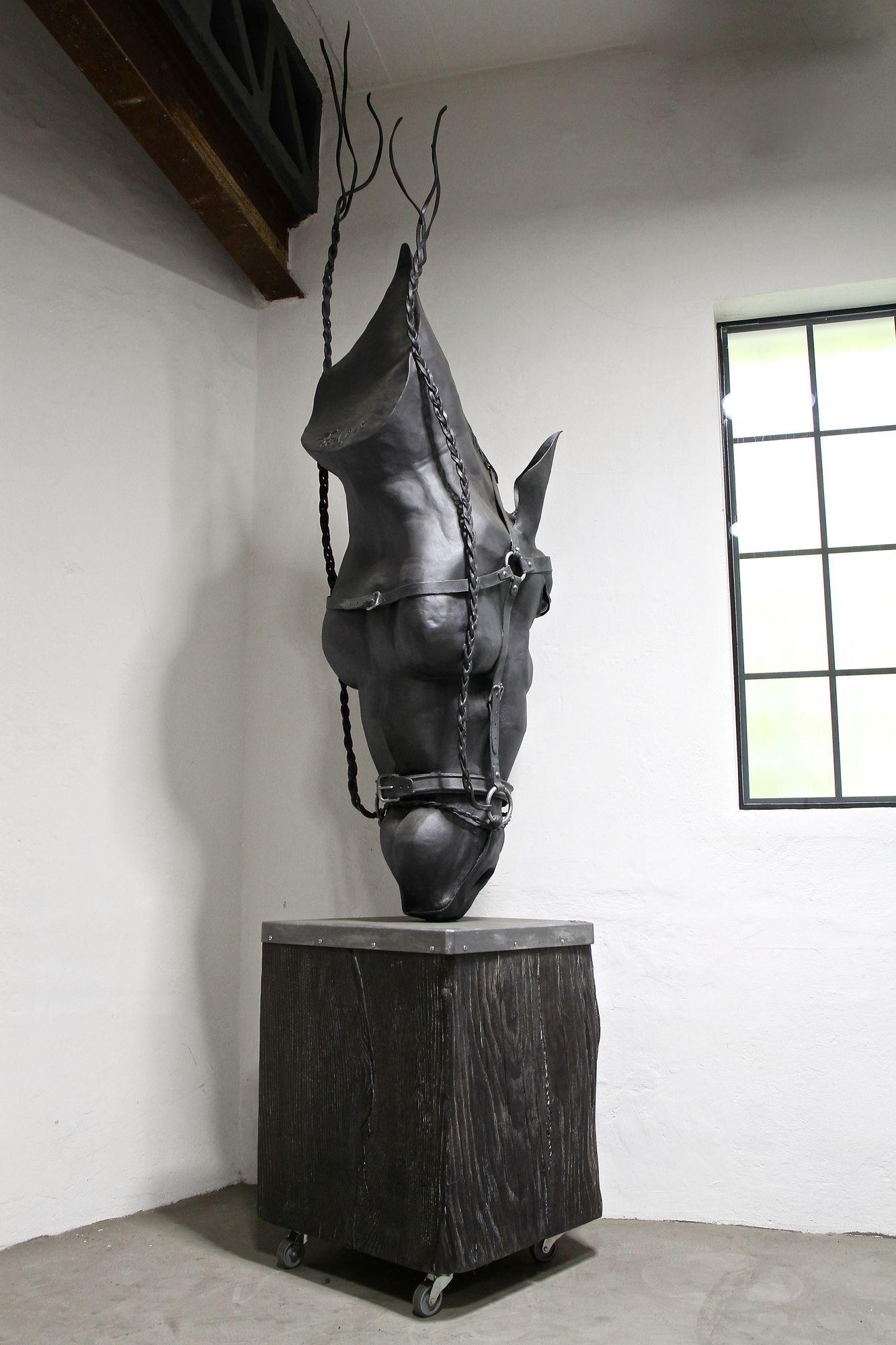 Metal Horse Head Sculpture by G. Fössl, Hand Forged on Charred Oak Base, 2017 For Sale 9