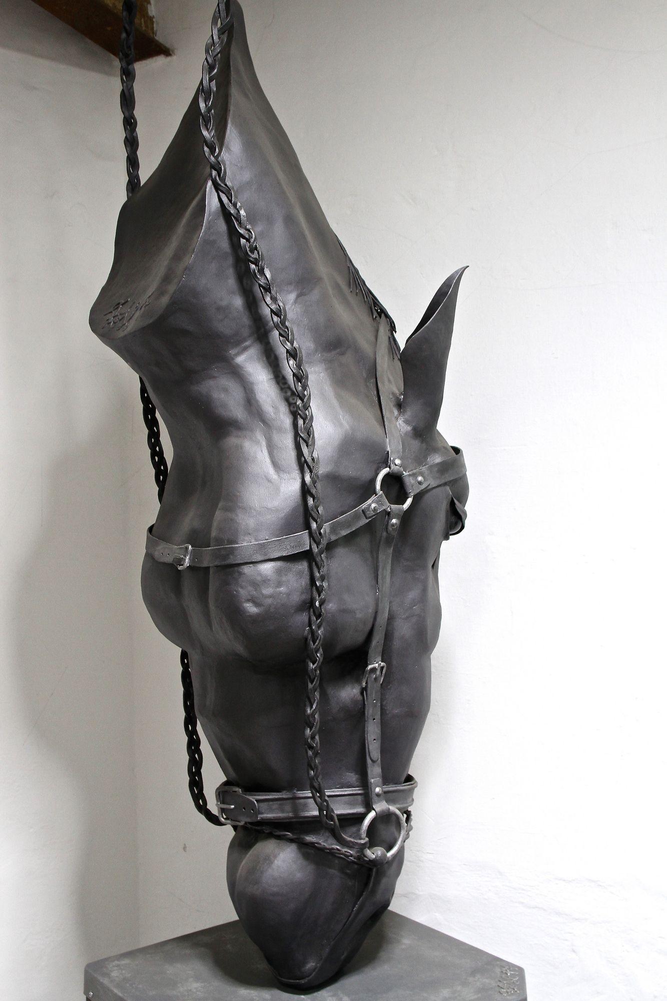 Metal Horse Head Sculpture by G. Fössl, Hand Forged on Charred Oak Base, 2017 For Sale 10