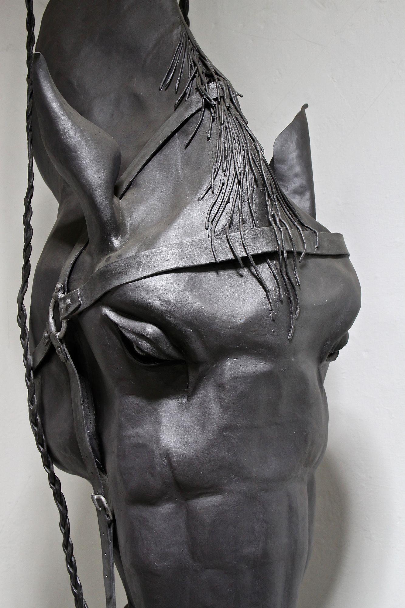 Metal Horse Head Sculpture by G. Fössl, Hand Forged on Charred Oak Base, 2017 For Sale 13