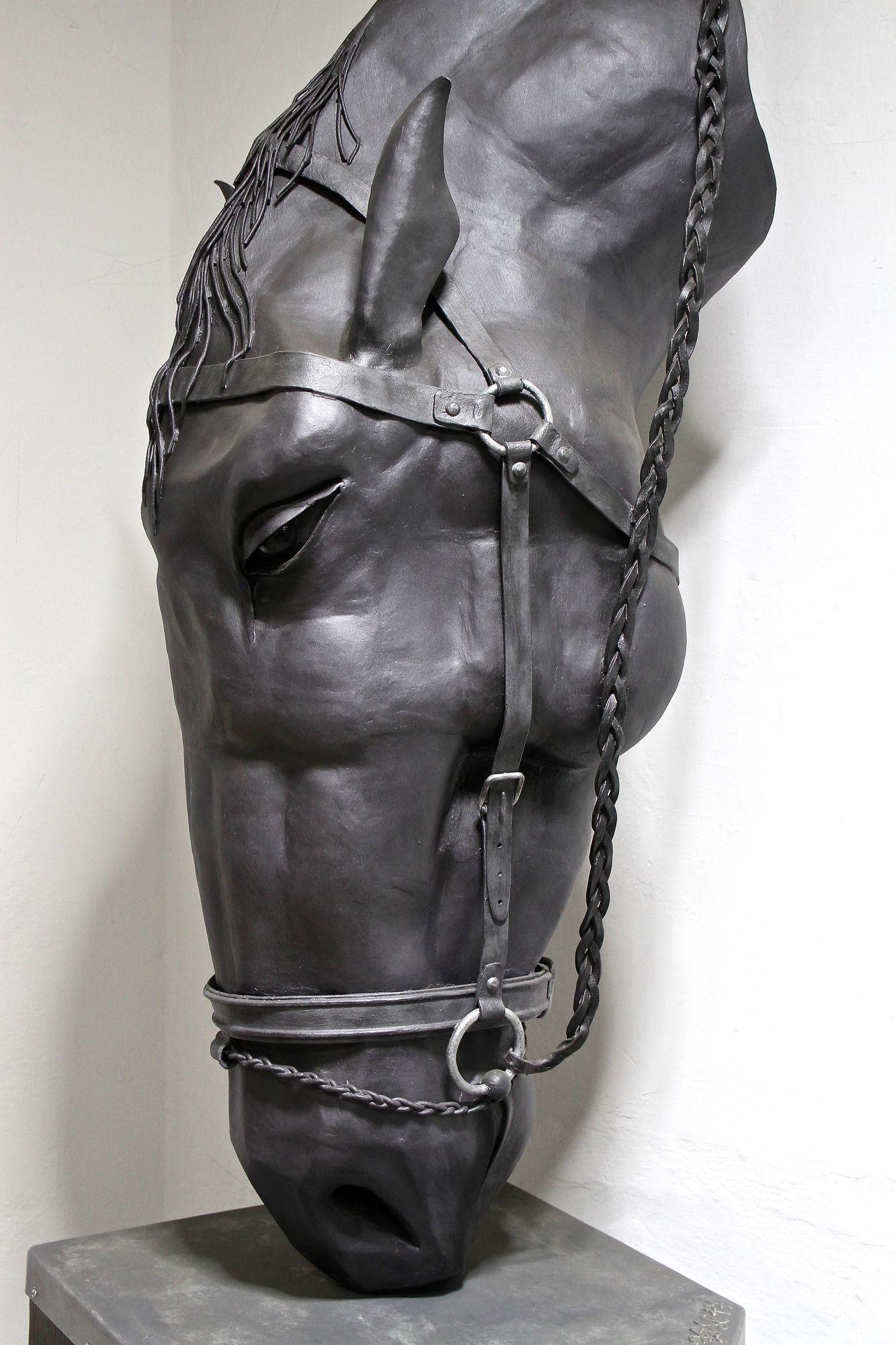 Contemporary Metal Horse Head Sculpture by G. Fössl, Hand Forged on Charred Oak Base, 2017 For Sale