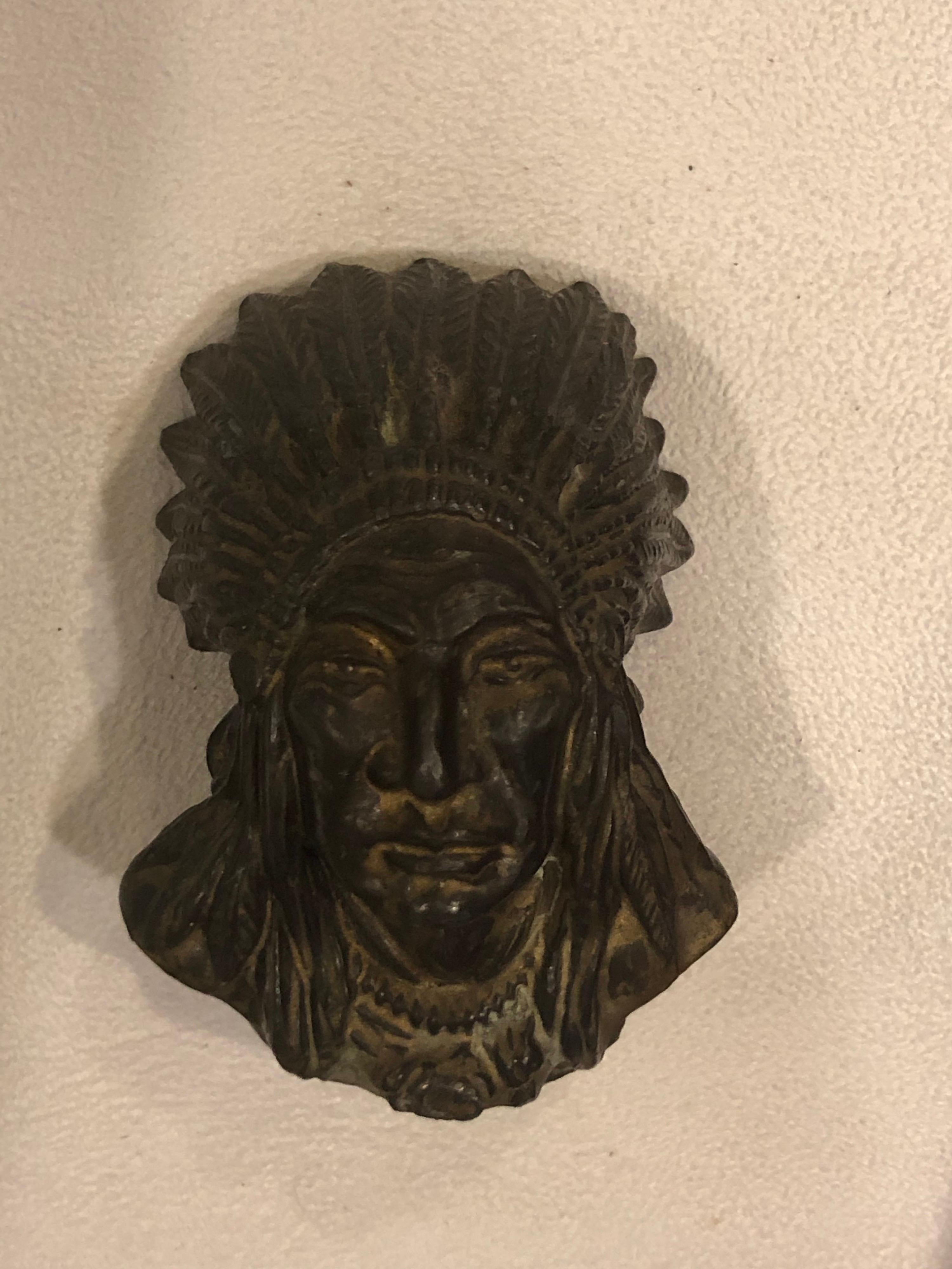 Small Indian sculpture in Metal. proud Native American Indian Chief in full Headdress. Possibly was mounted on something else originally. Ships via parcel for $29.
