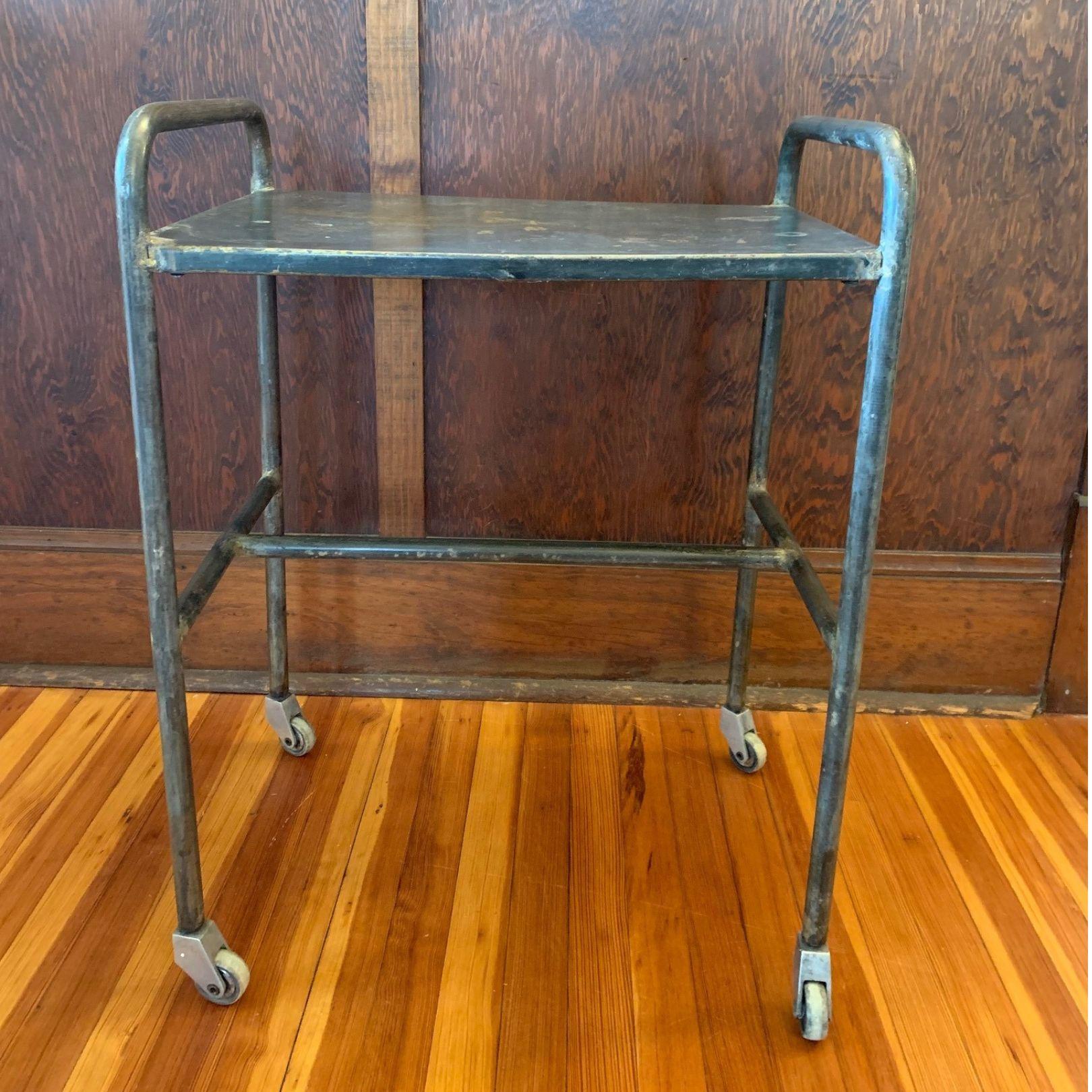 North American Brushed Steel Industrial Side Table on Wheels For Sale