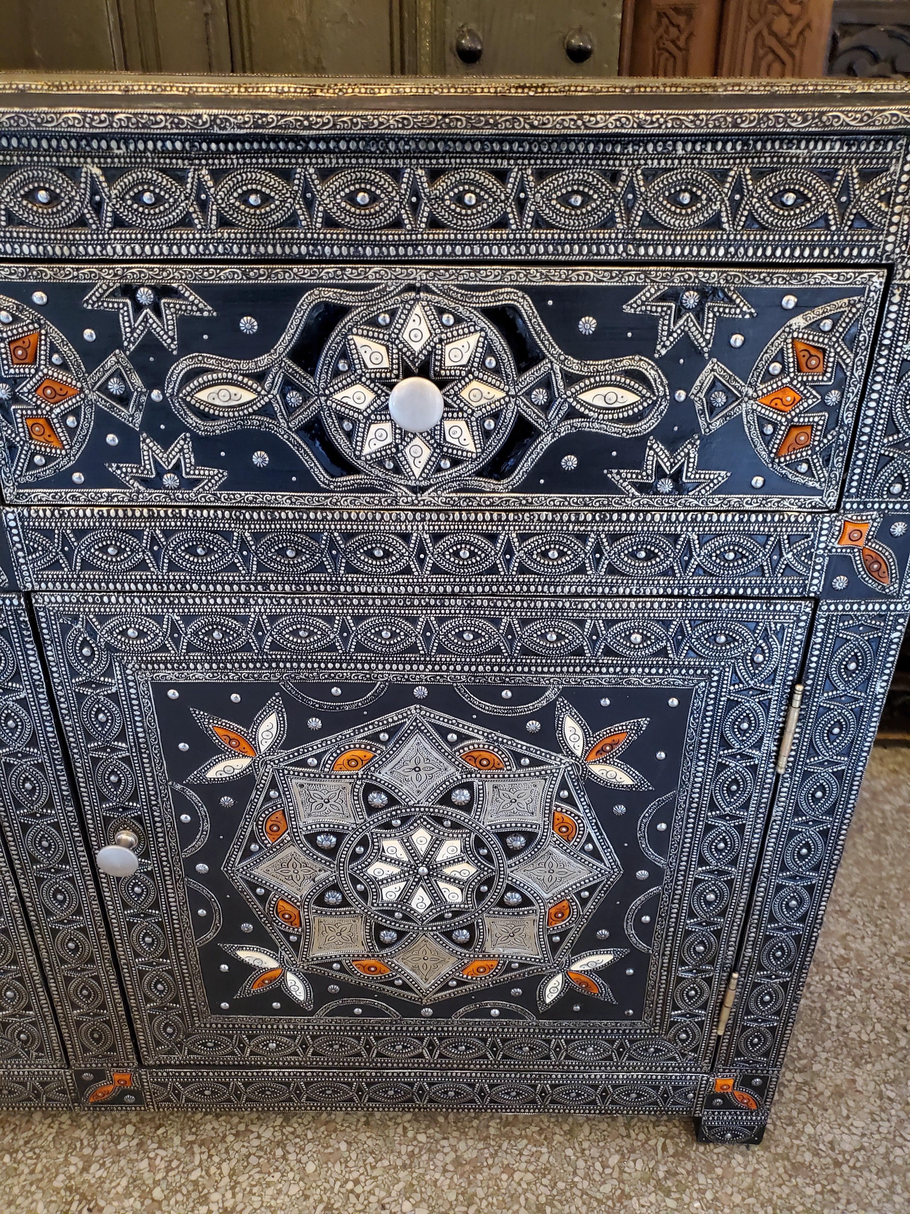Metal Inlaid Moroccan Cabinet, Bone and Resin Inlay In Excellent Condition For Sale In Orlando, FL