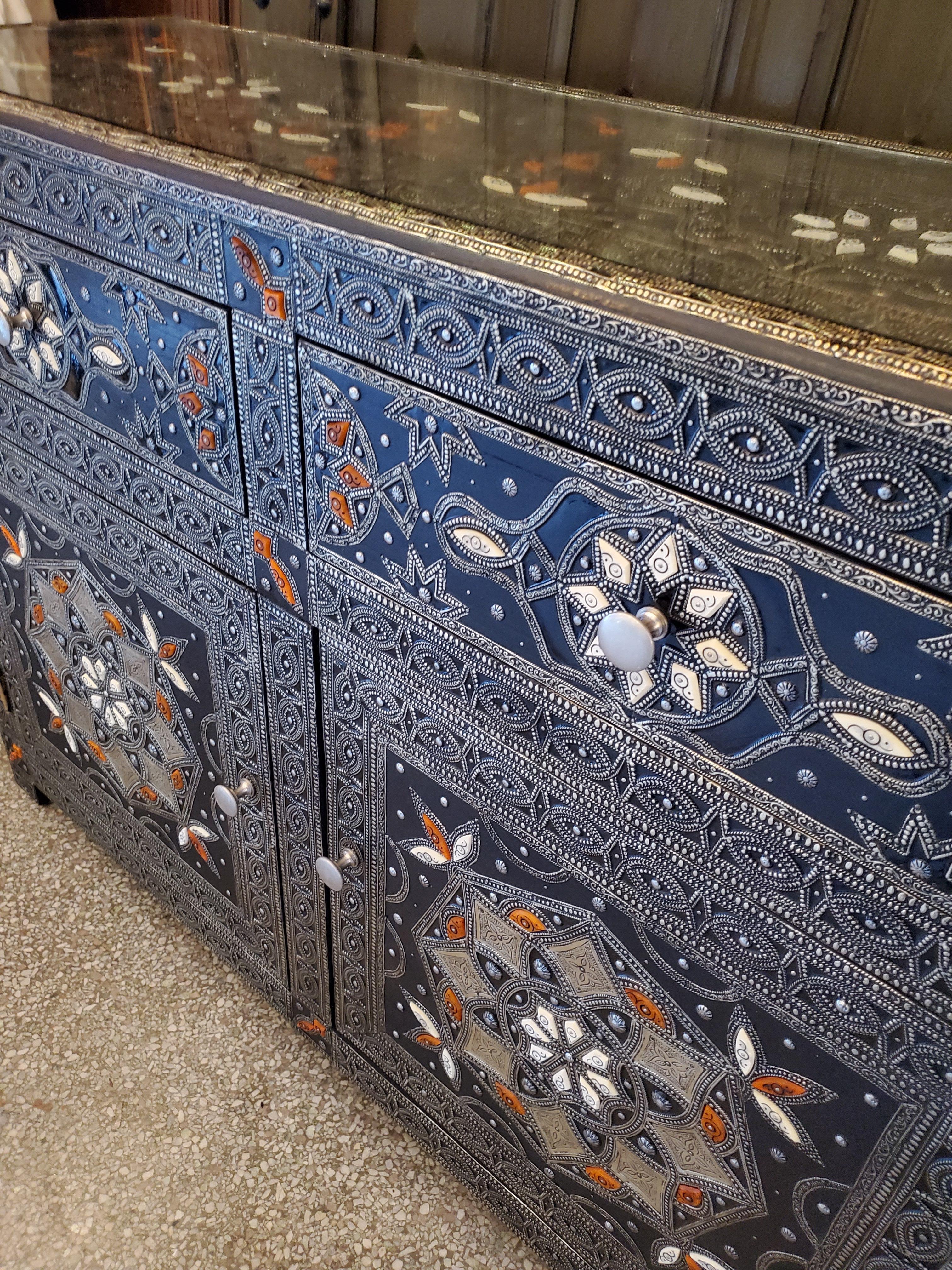 Contemporary Metal Inlaid Moroccan Cabinet, Bone and Resin Inlay For Sale