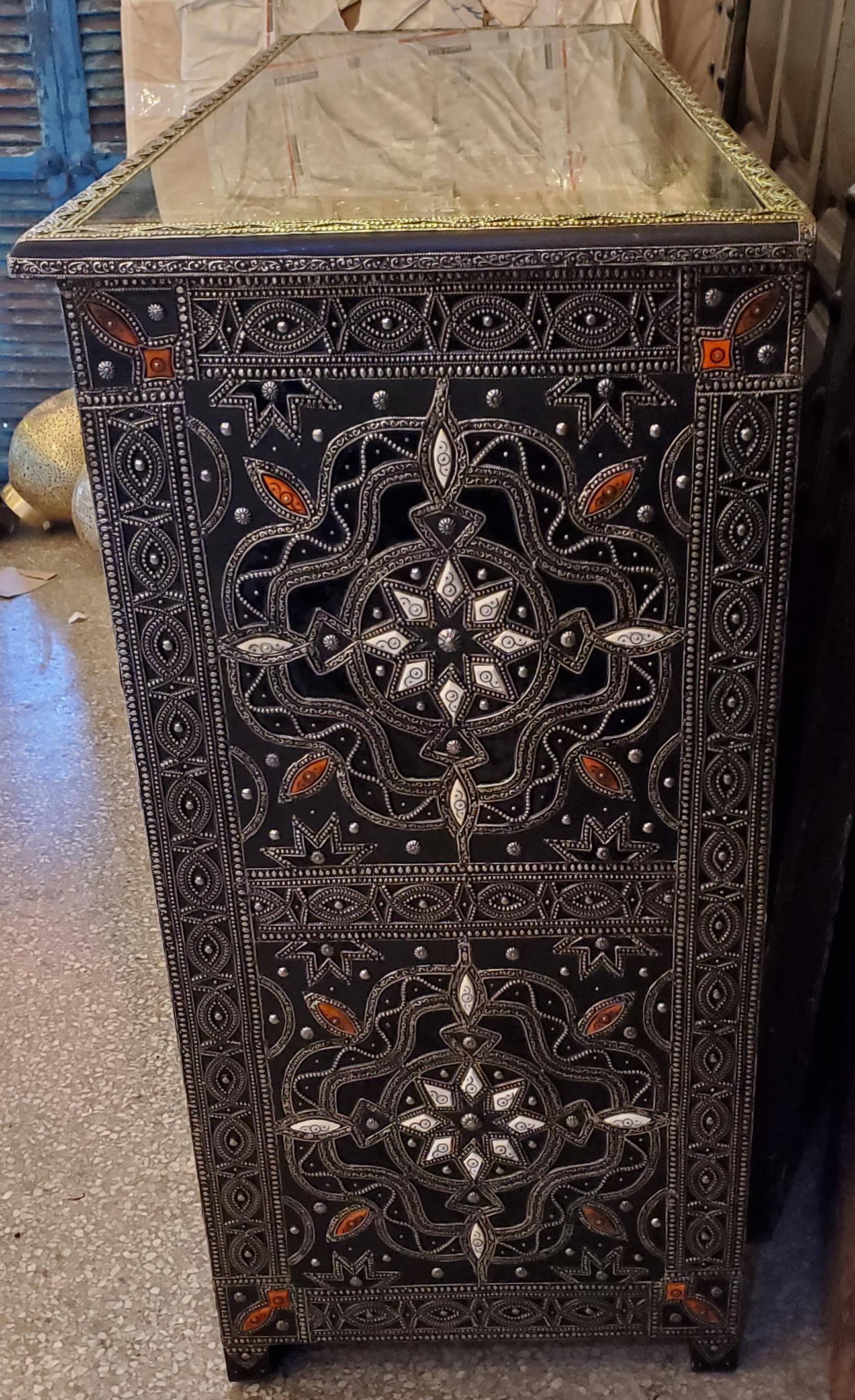 Metal Inlaid Moroccan Cabinet, Bone and Resin Inlay For Sale 2