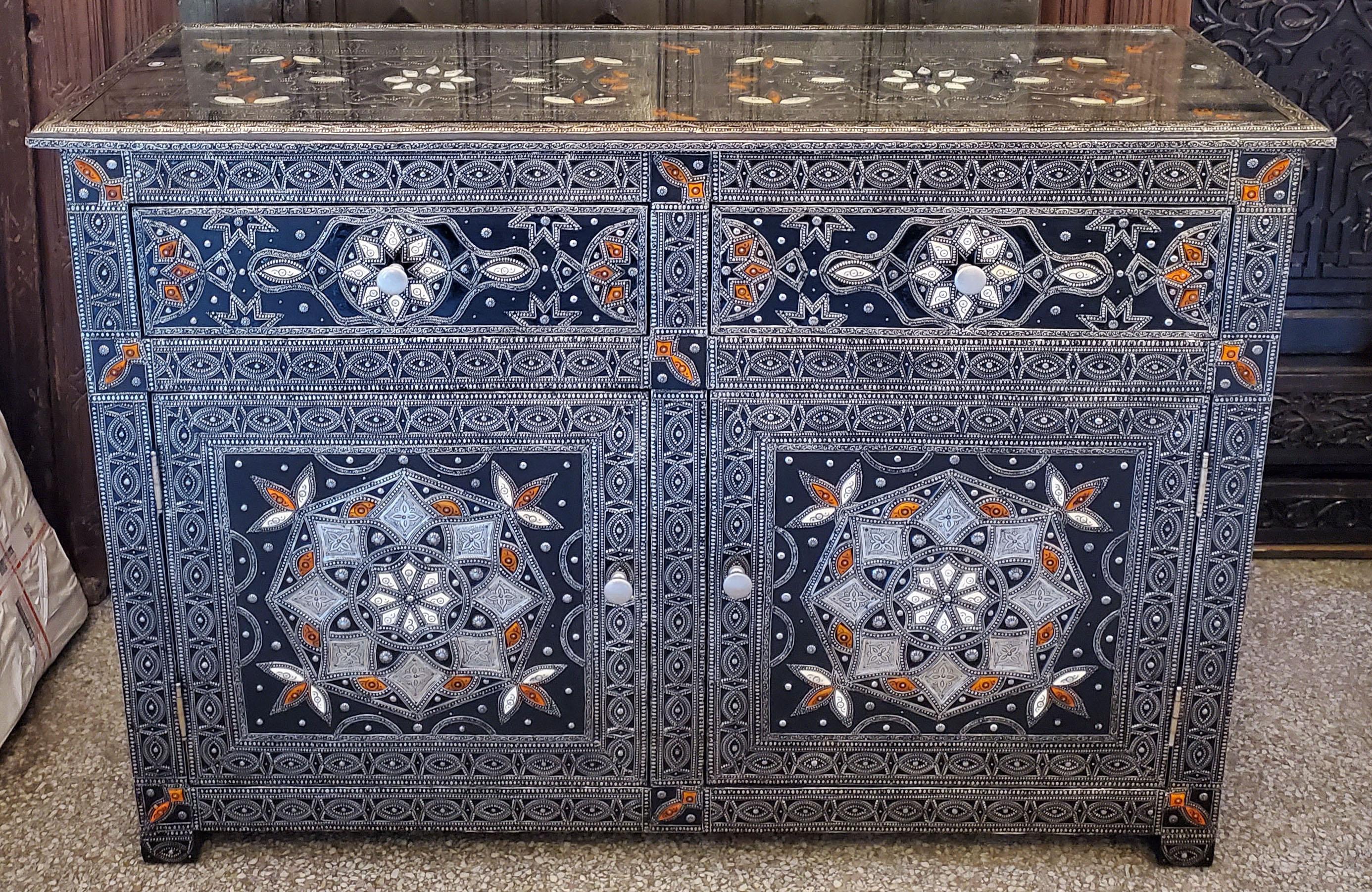 Metal Inlaid Moroccan Cabinet, Bone and Resin Inlay For Sale 3