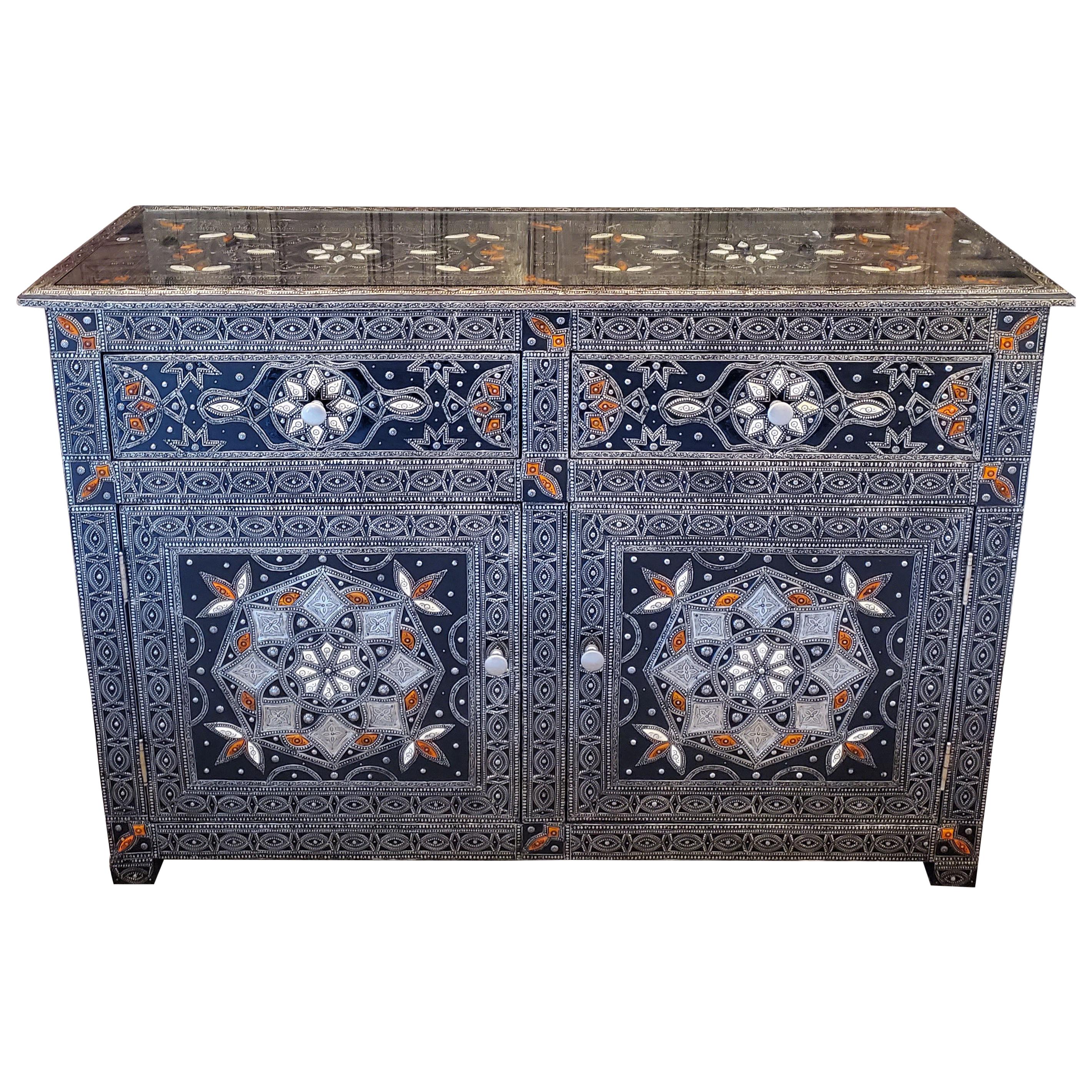 Metal Inlaid Moroccan Cabinet, Bone and Resin Inlay For Sale