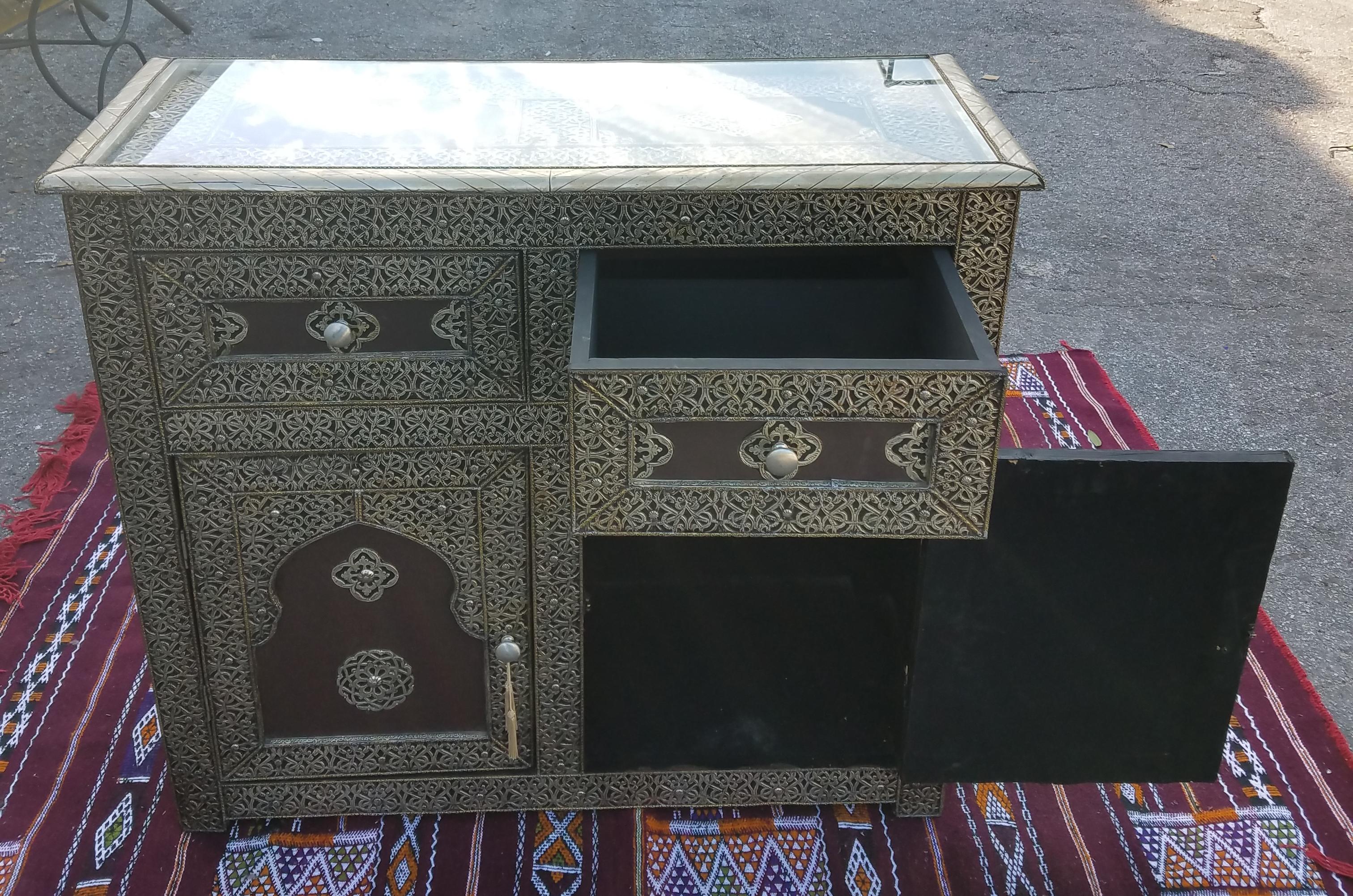 Contemporary Metal Inlaid Moroccan Cabinet, Some Leather Panels