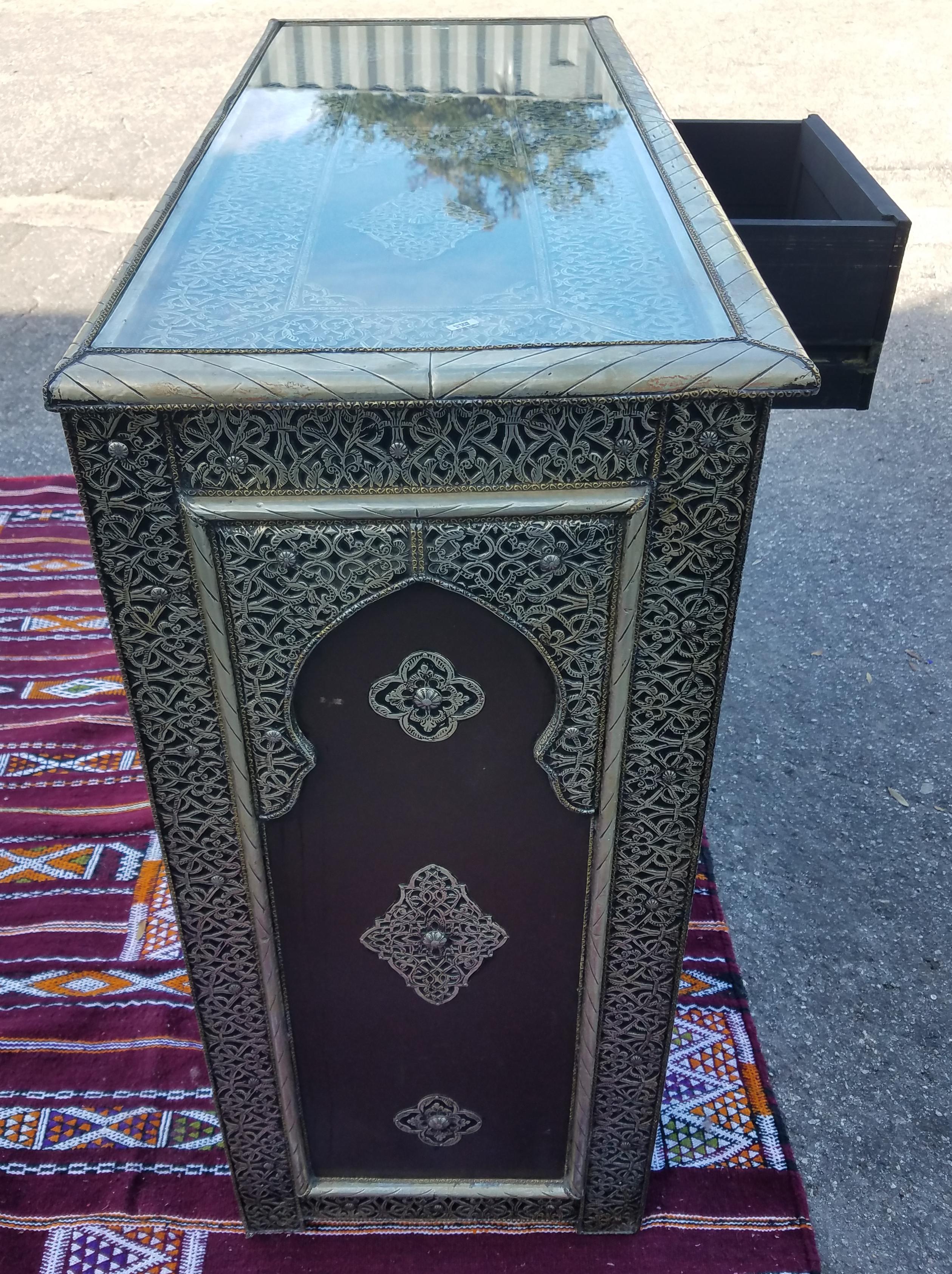 Metal Inlaid Moroccan Cabinet, Some Leather Panels 1