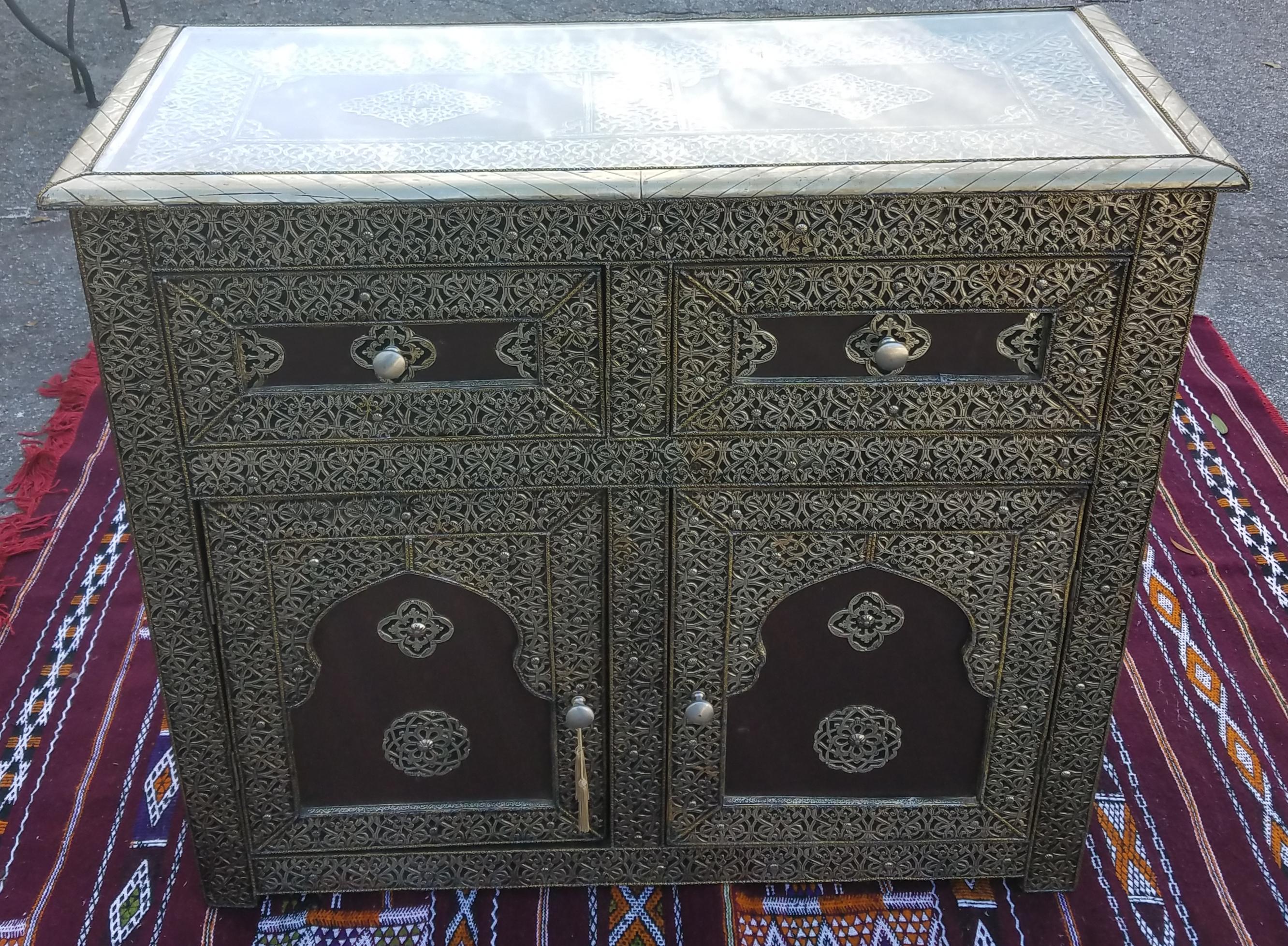 Metal Inlaid Moroccan Cabinet, Some Leather Panels 2
