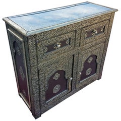 Metal Inlaid Moroccan Cabinet, Some Leather Panels