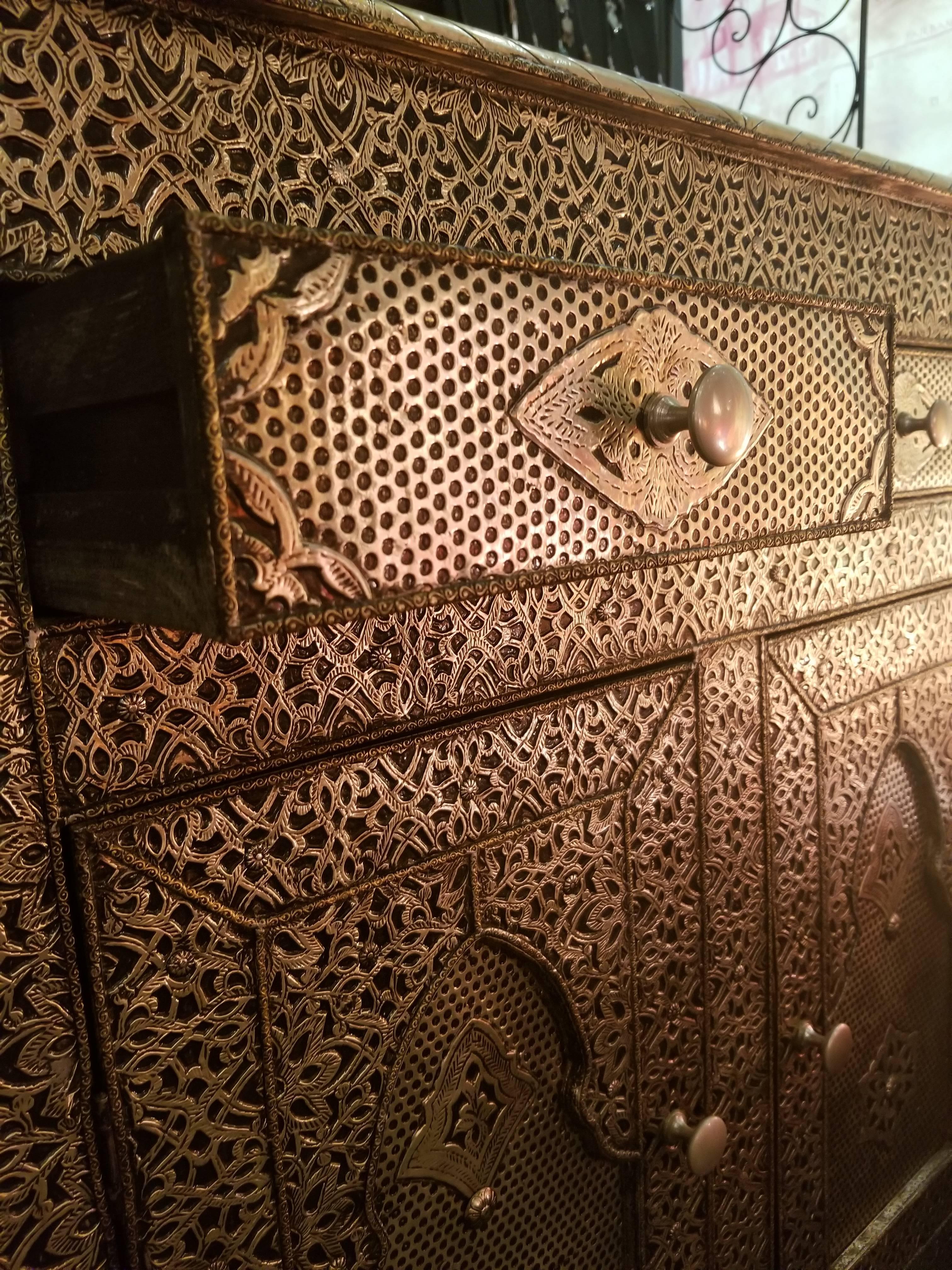 Contemporary Metal Inlaid Moroccan Cabinet, Plenty of Storage