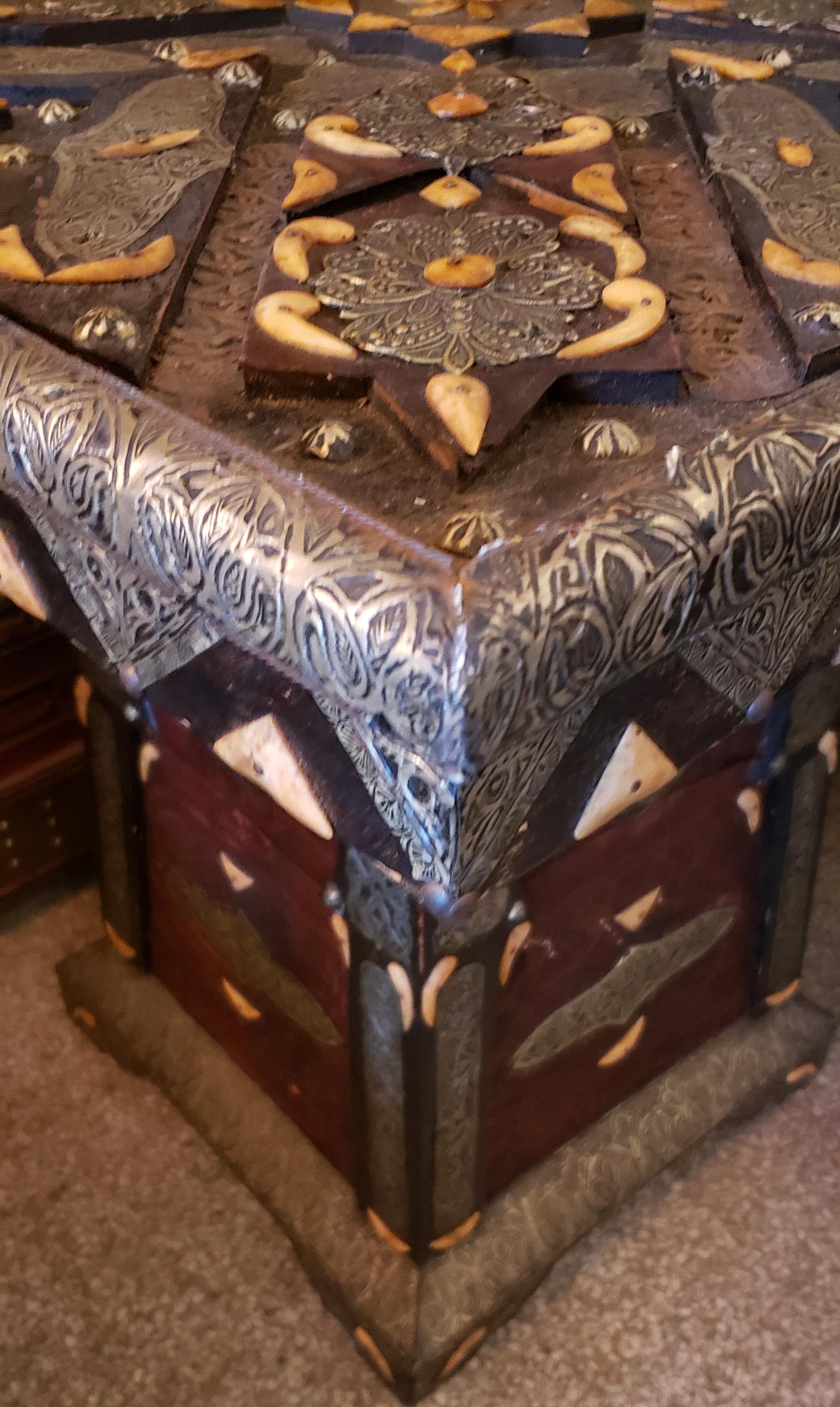 Late 20th Century Metal Inlay and Camel Bone Moroccan Dinning Table, Square Top For Sale