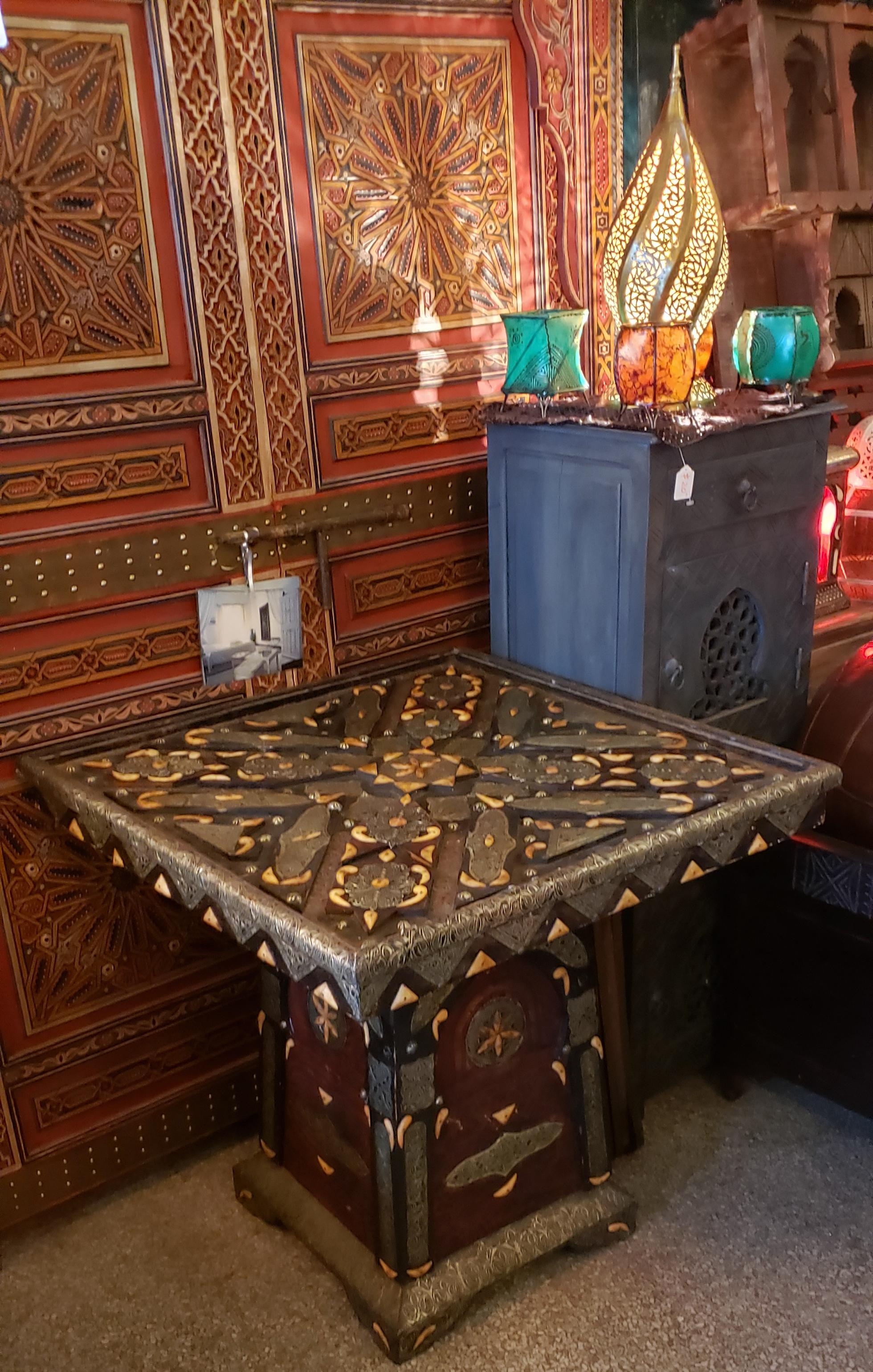 Metal Inlay and Camel Bone Moroccan Dinning Table, Square Top For Sale 4