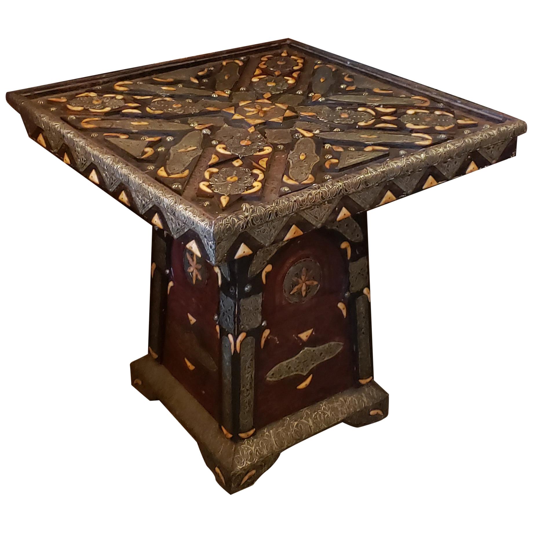 Metal Inlay and Camel Bone Moroccan Dinning Table, Square Top For Sale