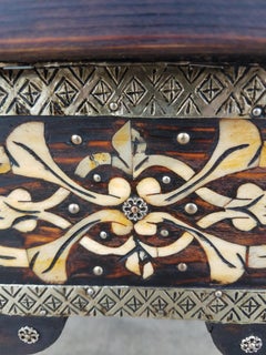 Metal Inlay and Camel Bone Moroccan Side Table, Square