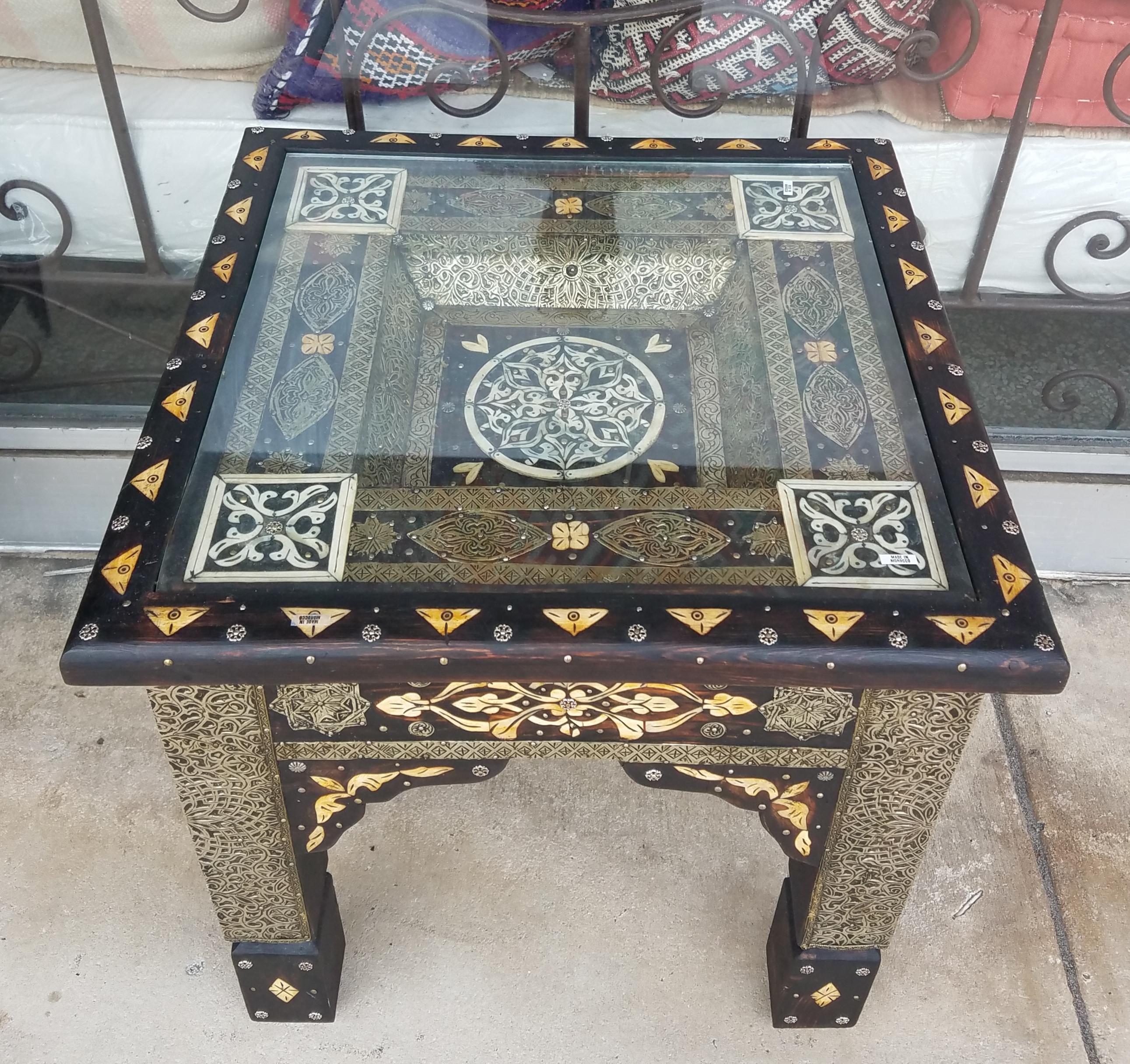 Metal Inlay and Camel Bone Moroccan Side Table, Square For Sale 2