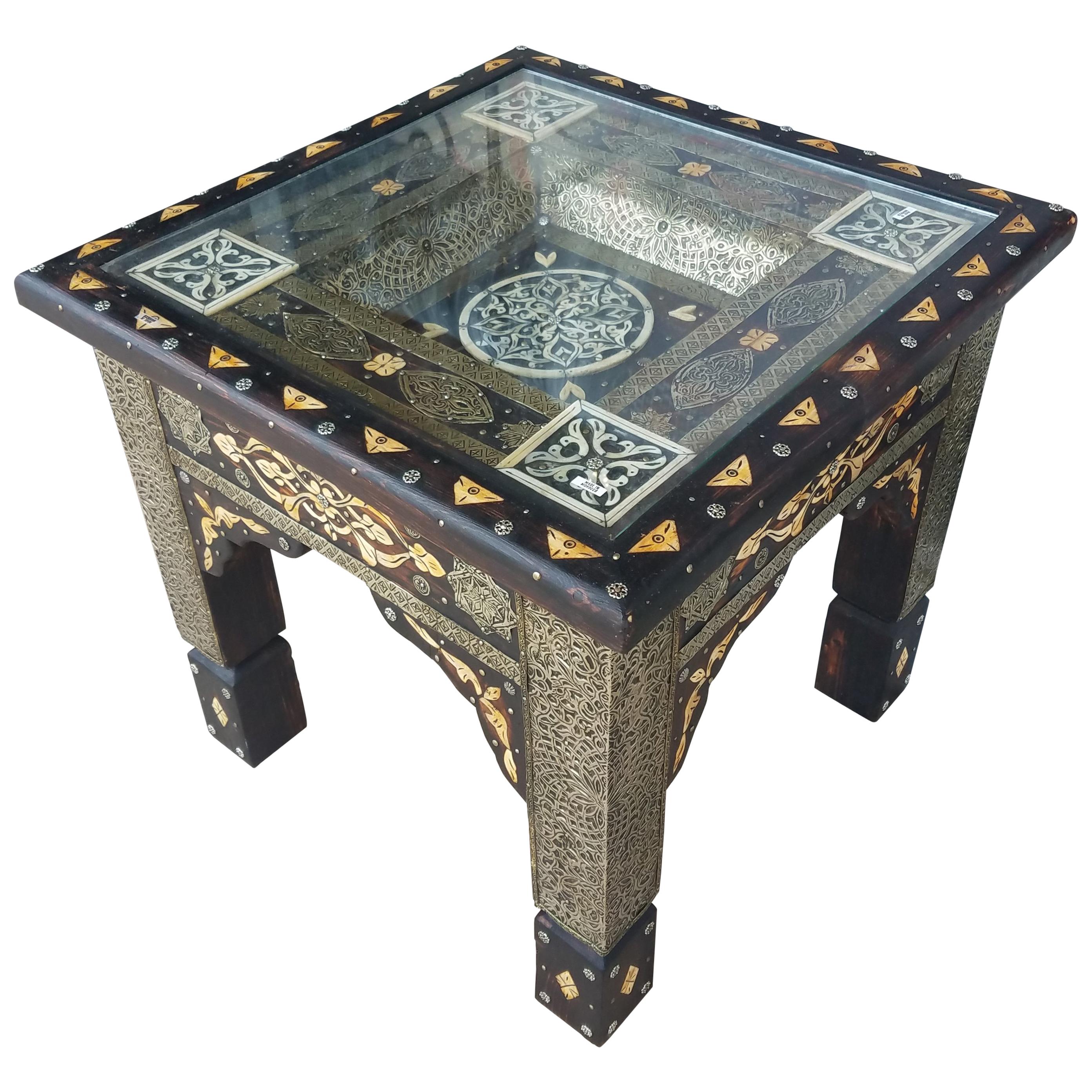 Metal Inlay and Camel Bone Moroccan Side Table, Square For Sale